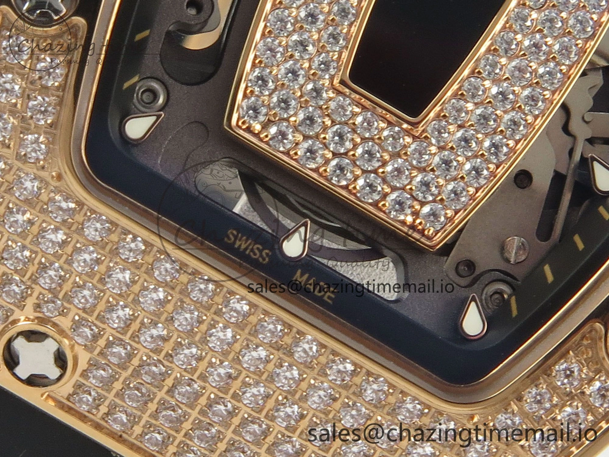 RM07 Ladies Full Diamonds RG ZF 1:1 Best Edition Black Dial on Black Rubber Strap CRMA2 Clone