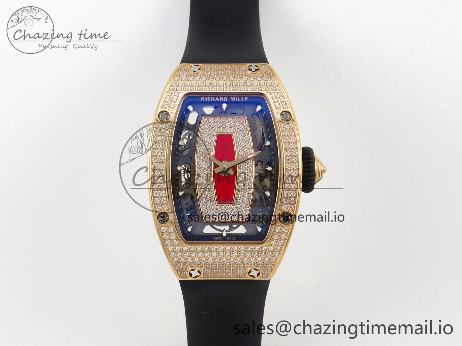 RM07 Ladies Full Diamonds RG ZF 1:1 Best Edition Red Dial on Black Rubber Strap CRMA2 Clone