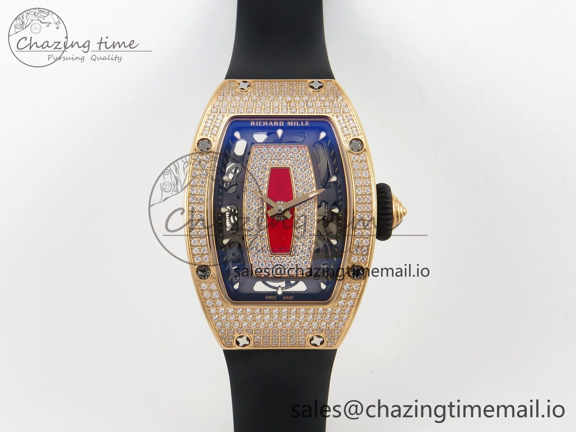 RM07 Ladies Full Diamonds RG ZF 1:1 Best Edition Red Dial on Black Rubber Strap CRMA2 Clone