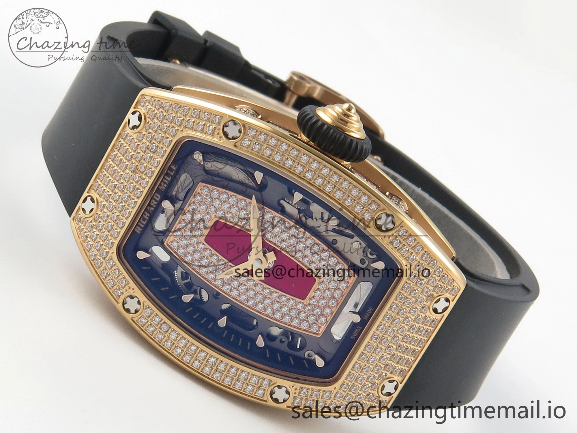 RM07 Ladies Full Diamonds RG ZF 1:1 Best Edition Red Dial on Black Rubber Strap CRMA2 Clone