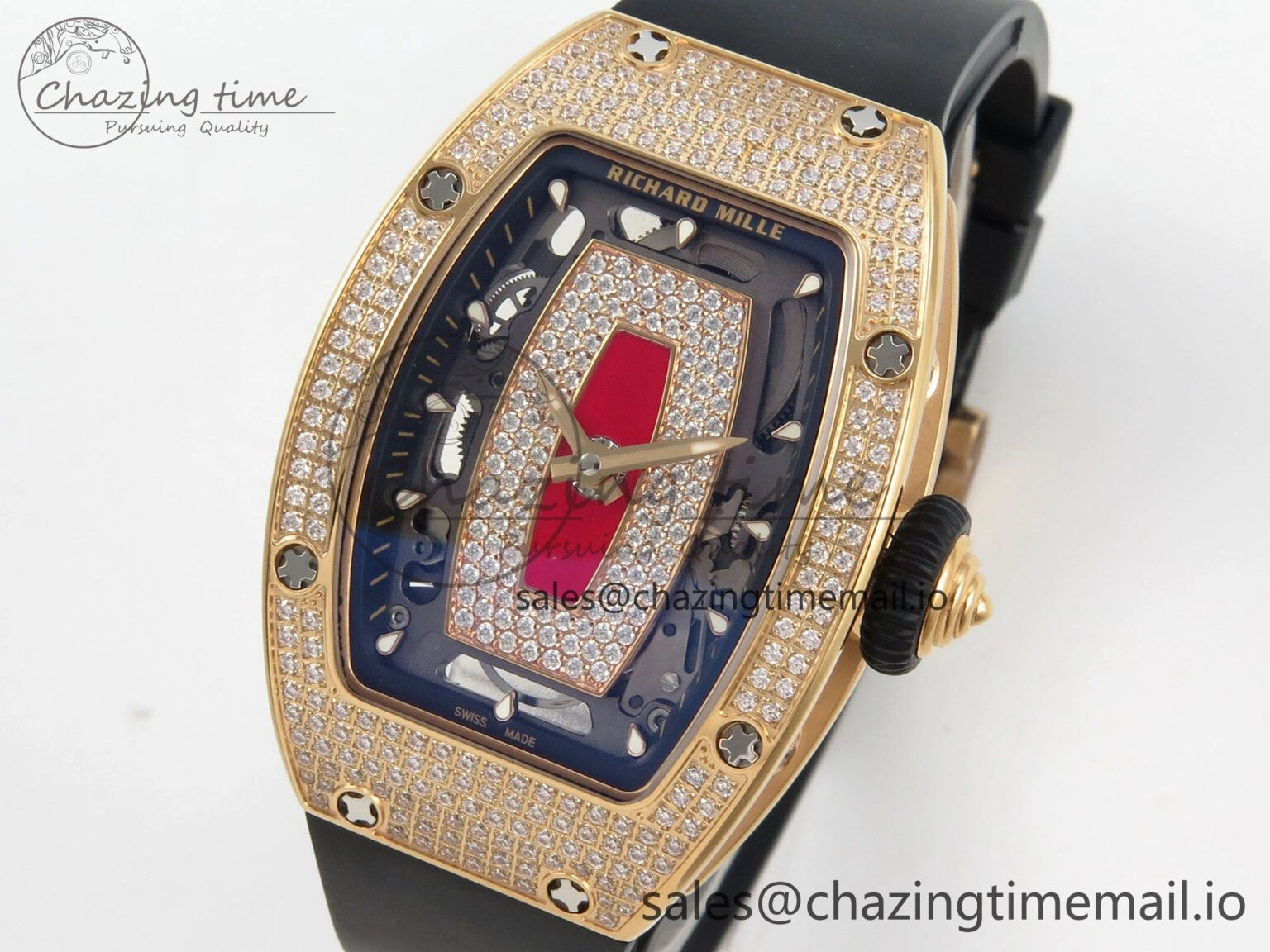RM07 Ladies Full Diamonds RG ZF 1:1 Best Edition Red Dial on Black Rubber Strap CRMA2 Clone