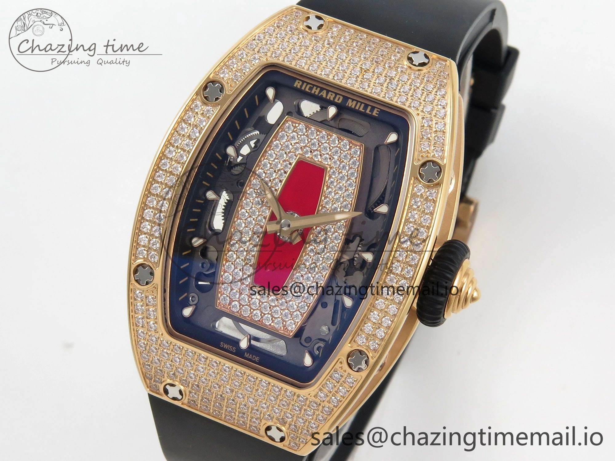 RM07 Ladies Full Diamonds RG ZF 1:1 Best Edition Red Dial on Black Rubber Strap CRMA2 Clone