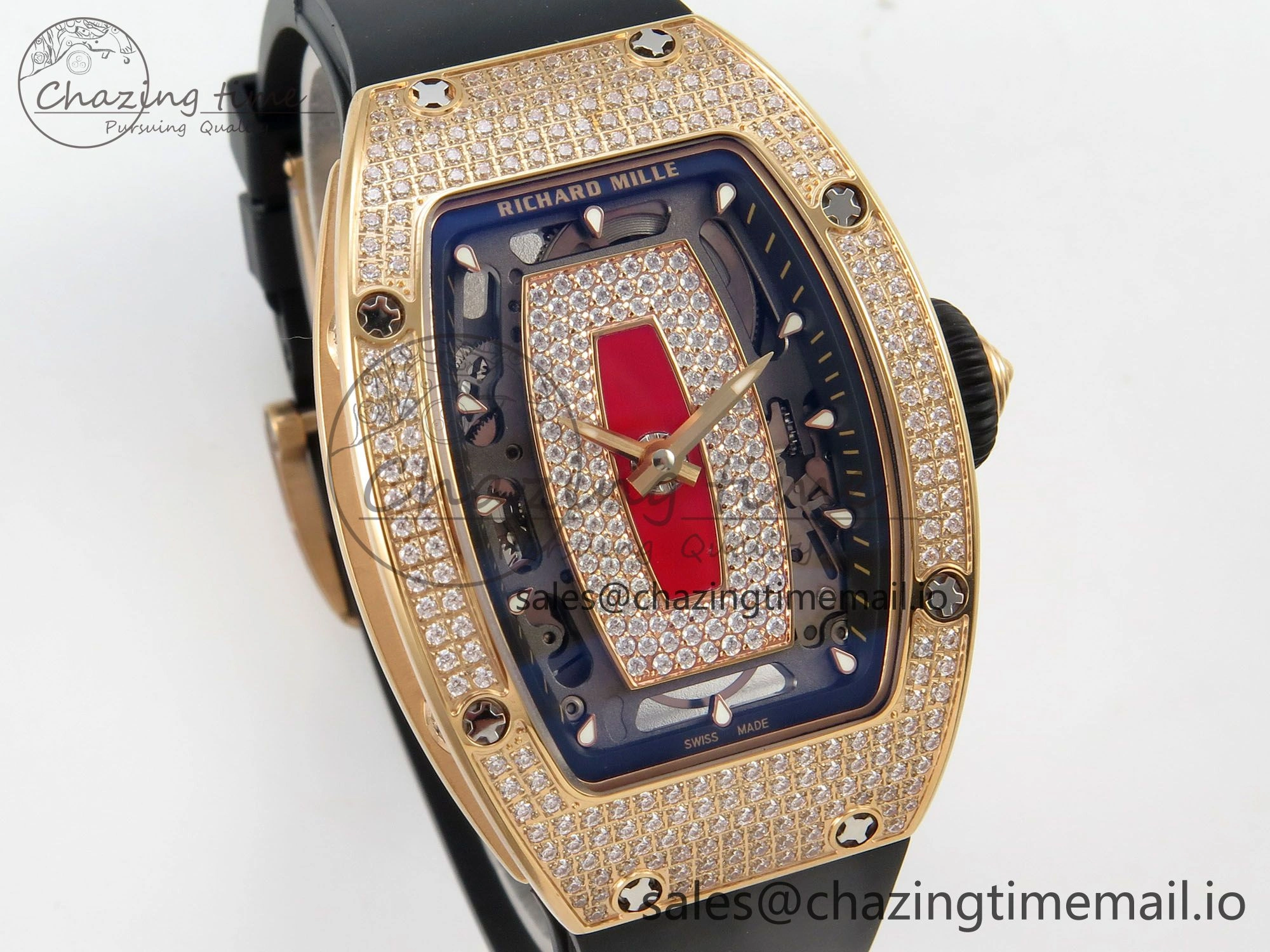 RM07 Ladies Full Diamonds RG ZF 1:1 Best Edition Red Dial on Black Rubber Strap CRMA2 Clone