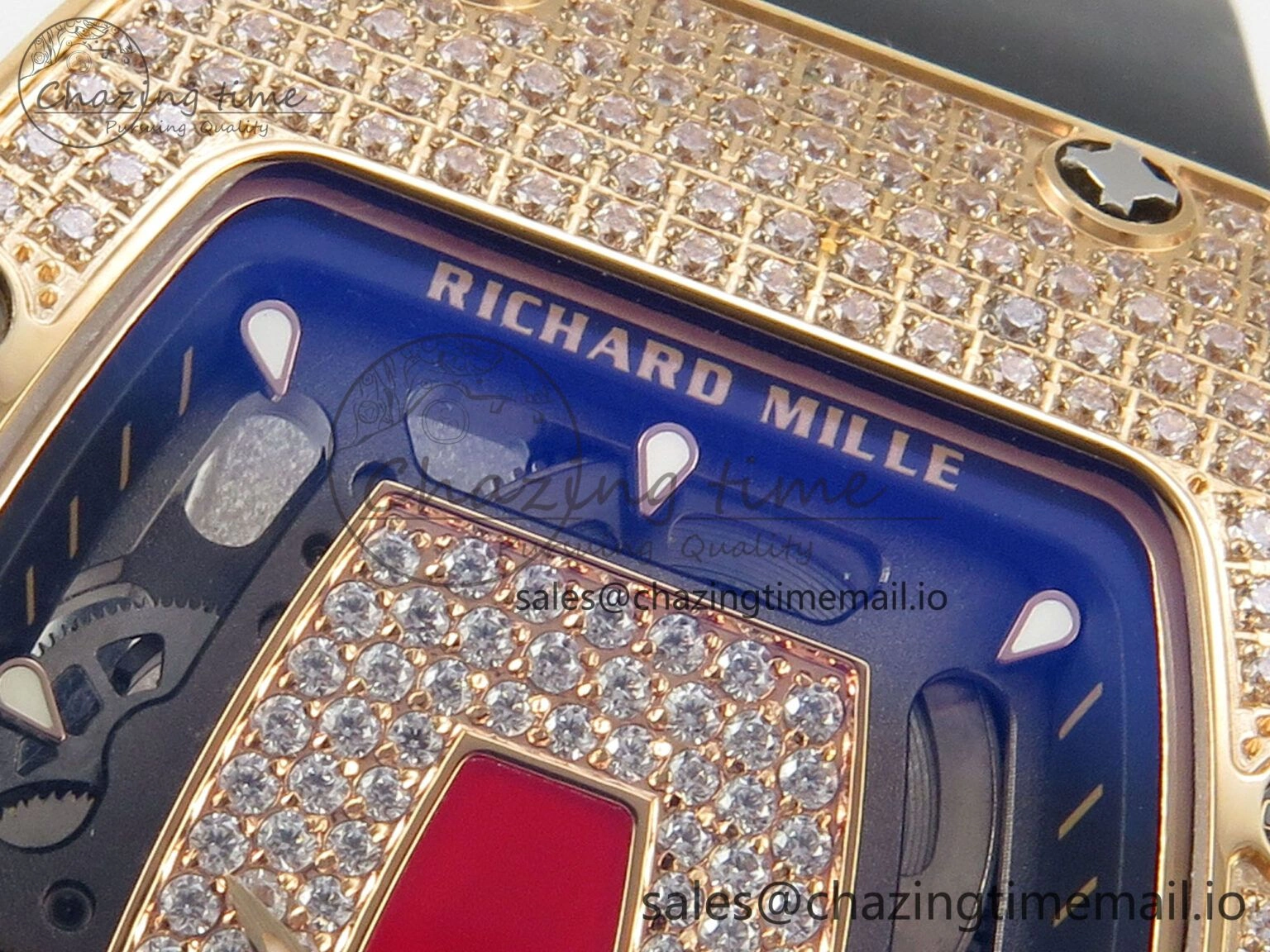 RM07 Ladies Full Diamonds RG ZF 1:1 Best Edition Red Dial on Black Rubber Strap CRMA2 Clone