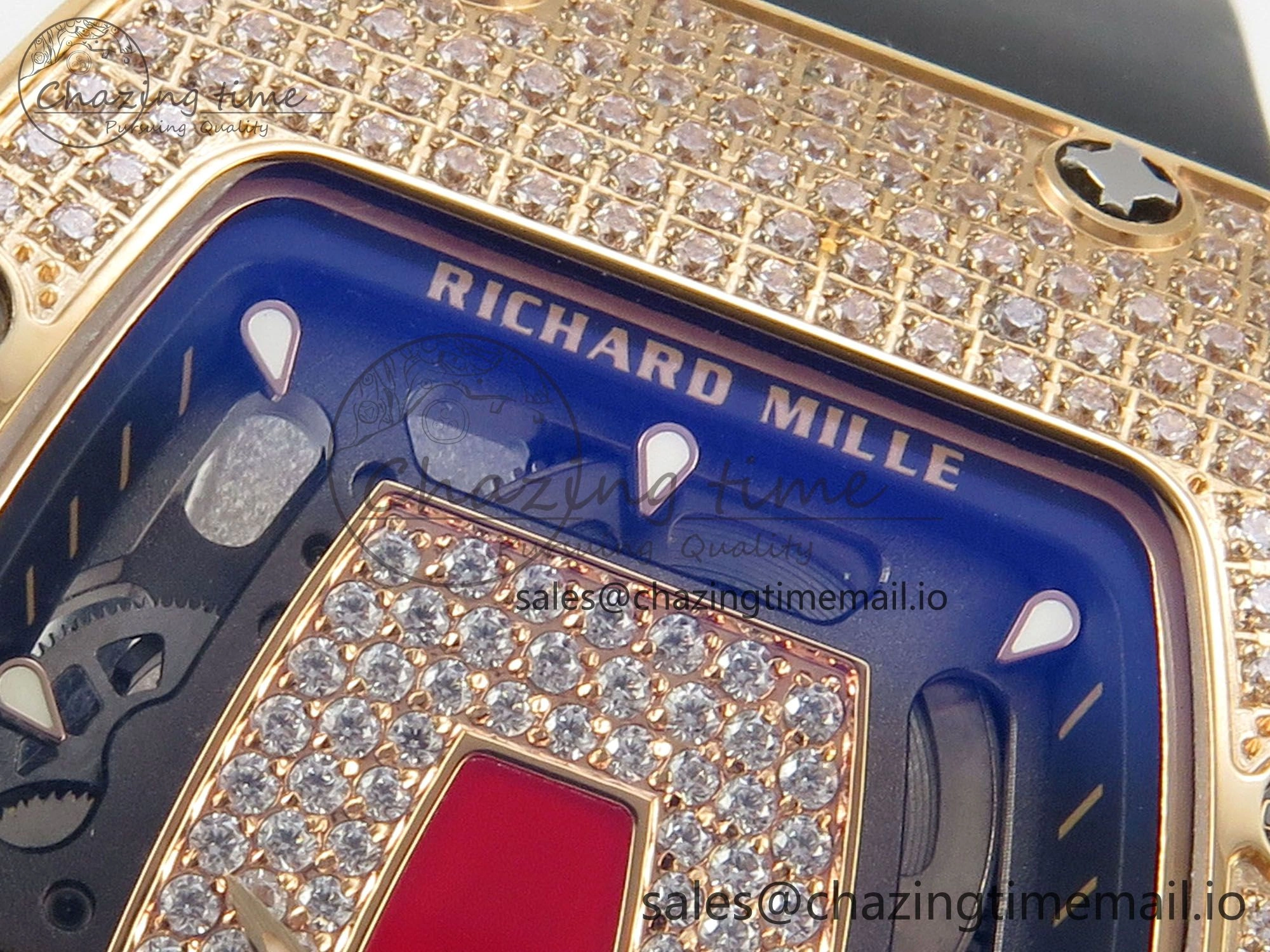 RM07 Ladies Full Diamonds RG ZF 1:1 Best Edition Red Dial on Black Rubber Strap CRMA2 Clone