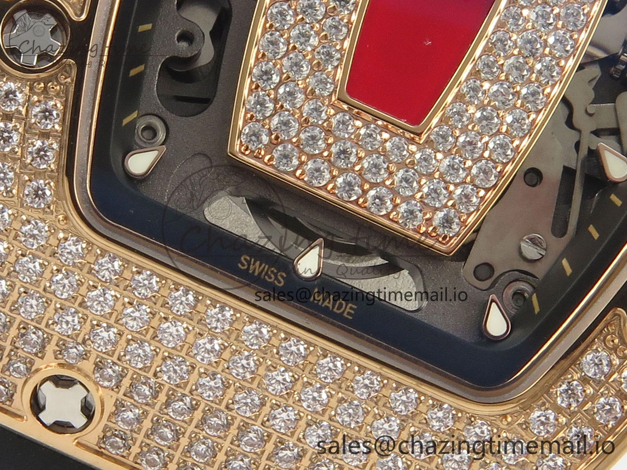 RM07 Ladies Full Diamonds RG ZF 1:1 Best Edition Red Dial on Black Rubber Strap CRMA2 Clone