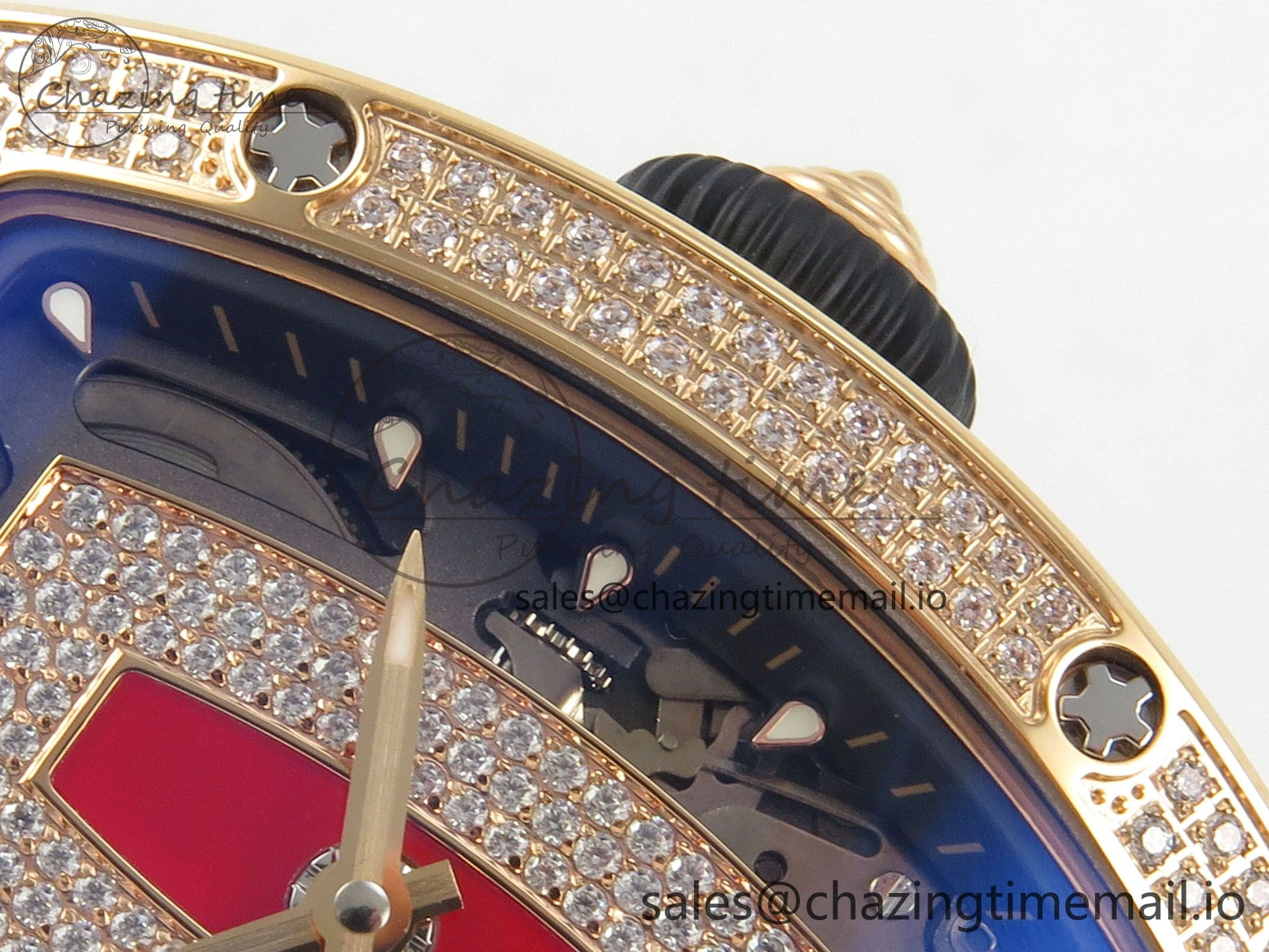 RM07 Ladies Full Diamonds RG ZF 1:1 Best Edition Red Dial on Black Rubber Strap CRMA2 Clone
