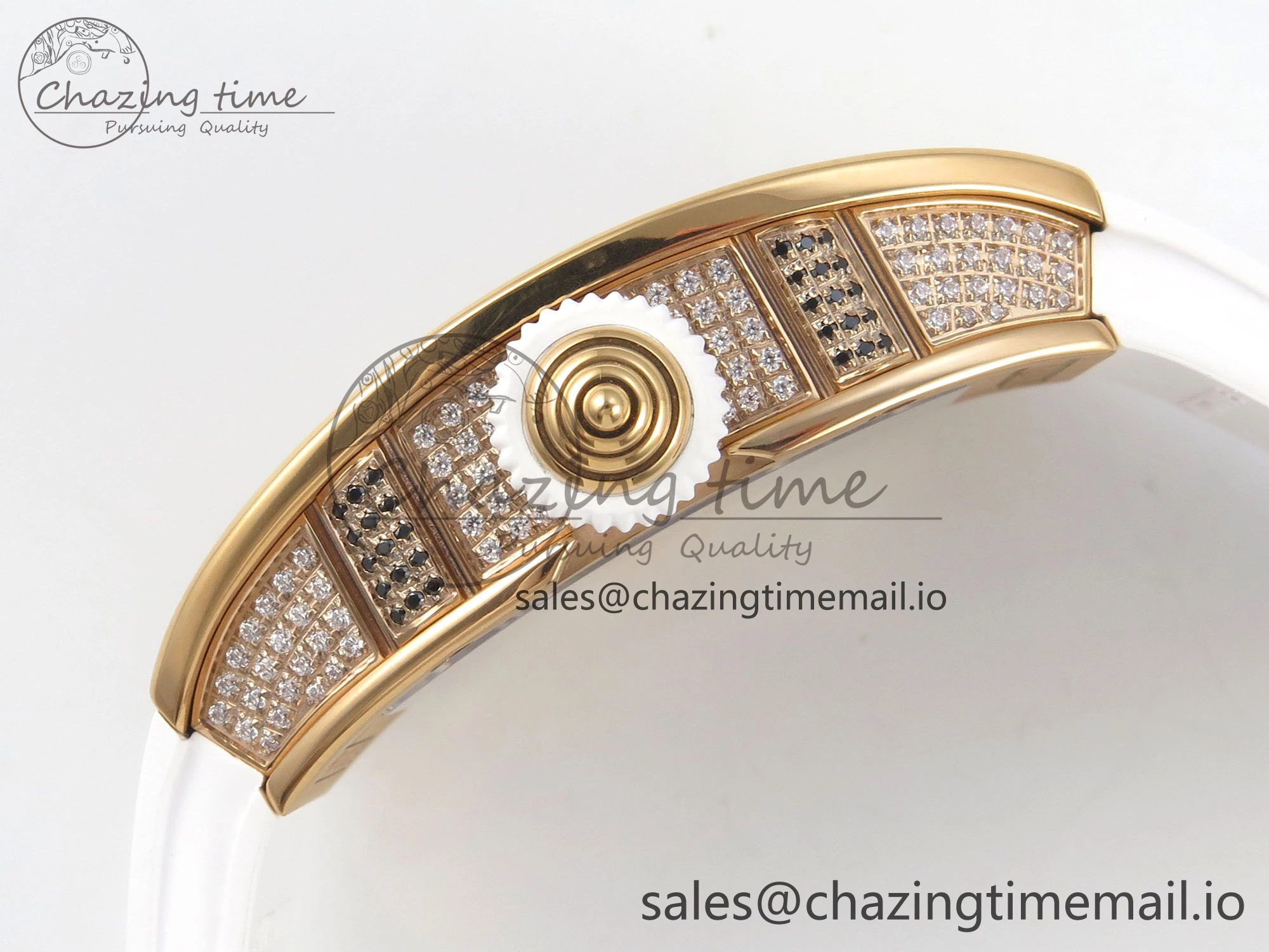 RM07 Ladies Full Diamonds RG ZF 1:1 Best Edition Red Dial on White Rubber Strap CRMA2 Clone