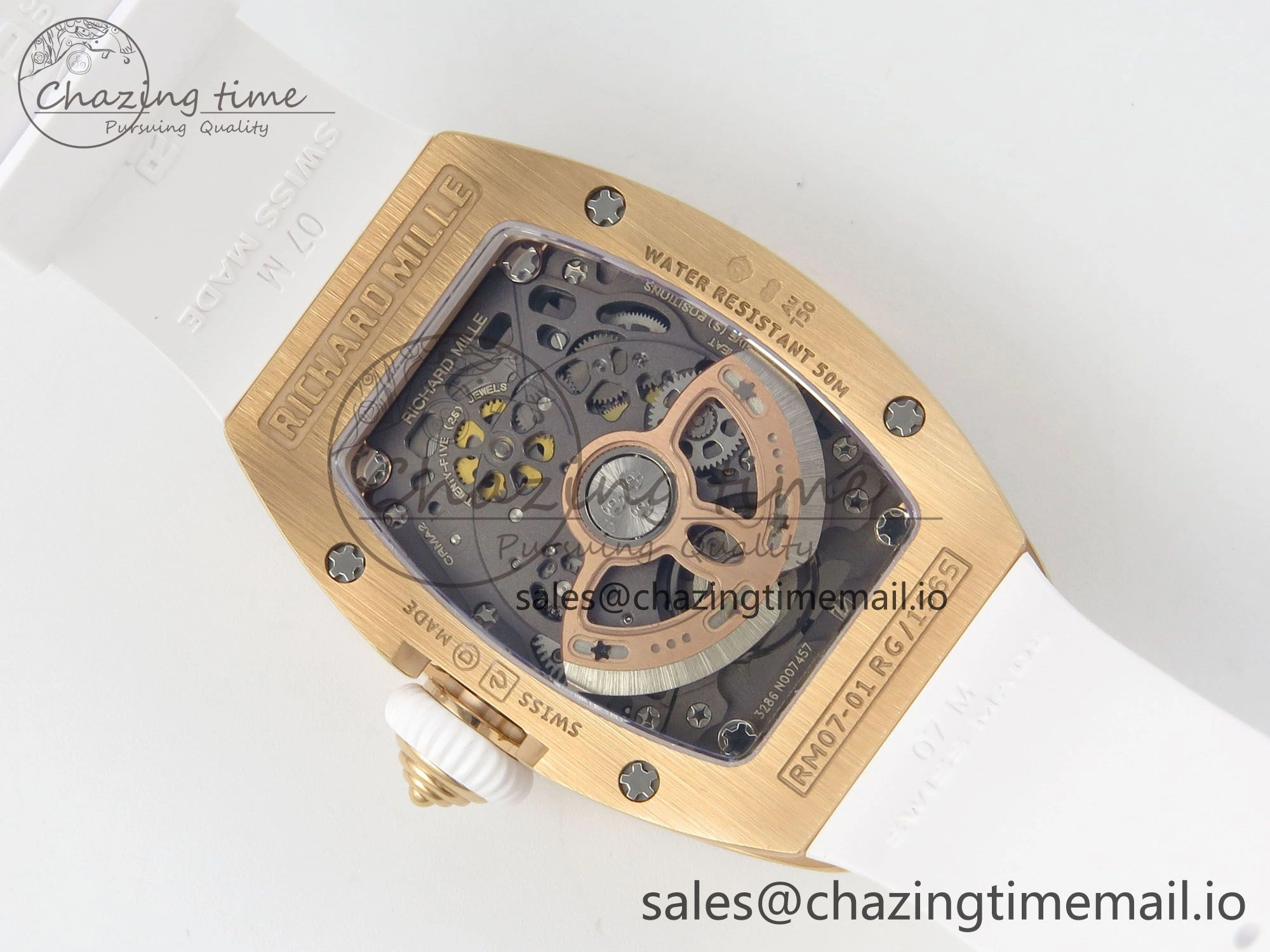RM07 Ladies Full Diamonds RG ZF 1:1 Best Edition Red Dial on White Rubber Strap CRMA2 Clone