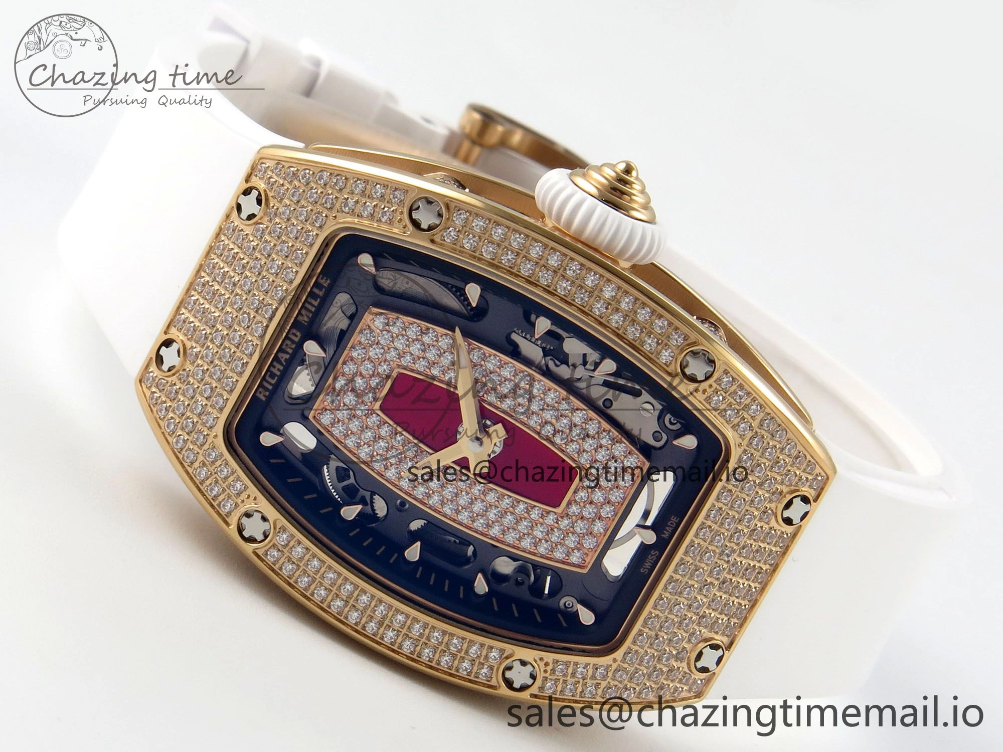 RM07 Ladies Full Diamonds RG ZF 1:1 Best Edition Red Dial on White Rubber Strap CRMA2 Clone