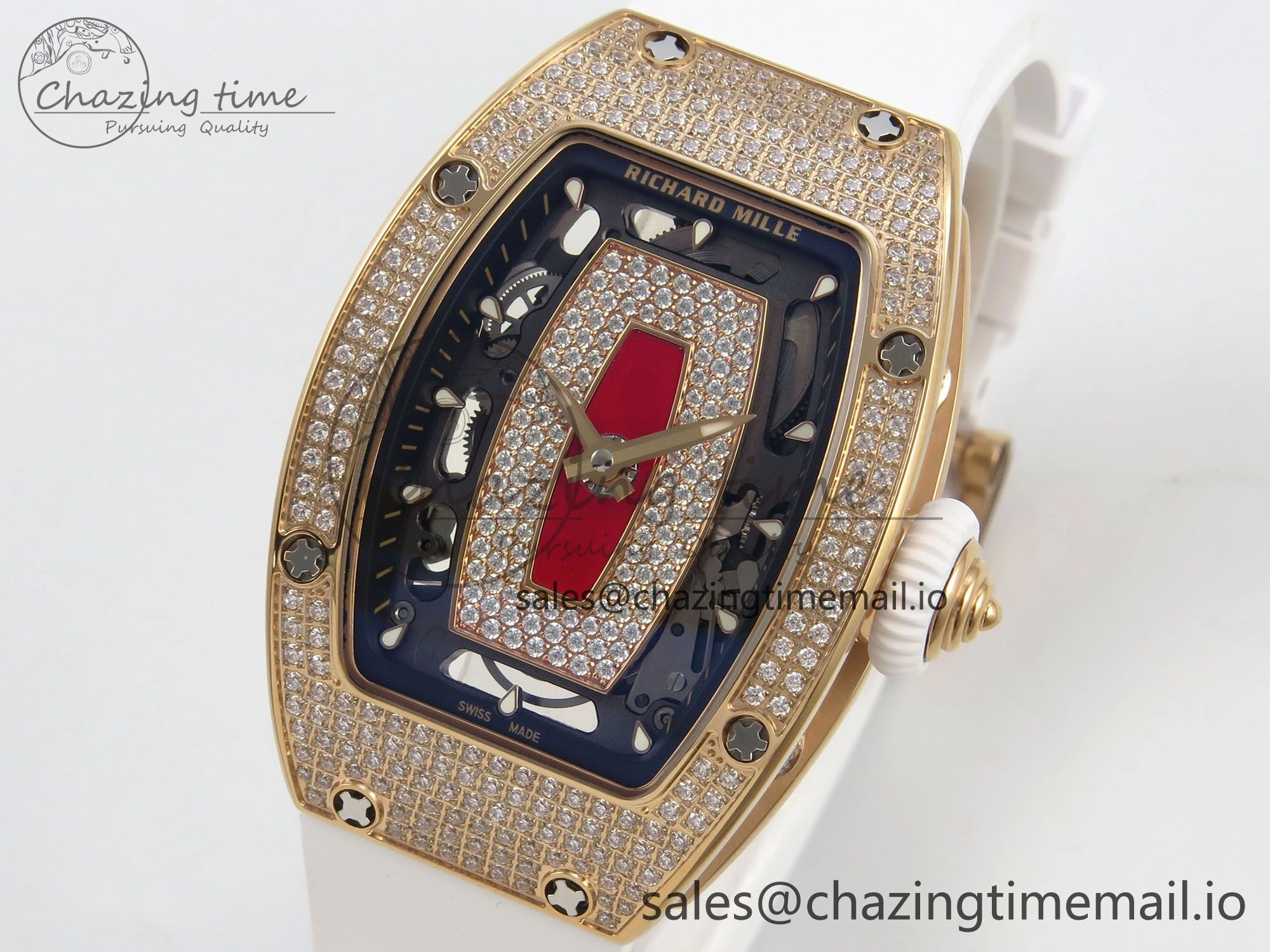 RM07 Ladies Full Diamonds RG ZF 1:1 Best Edition Red Dial on White Rubber Strap CRMA2 Clone