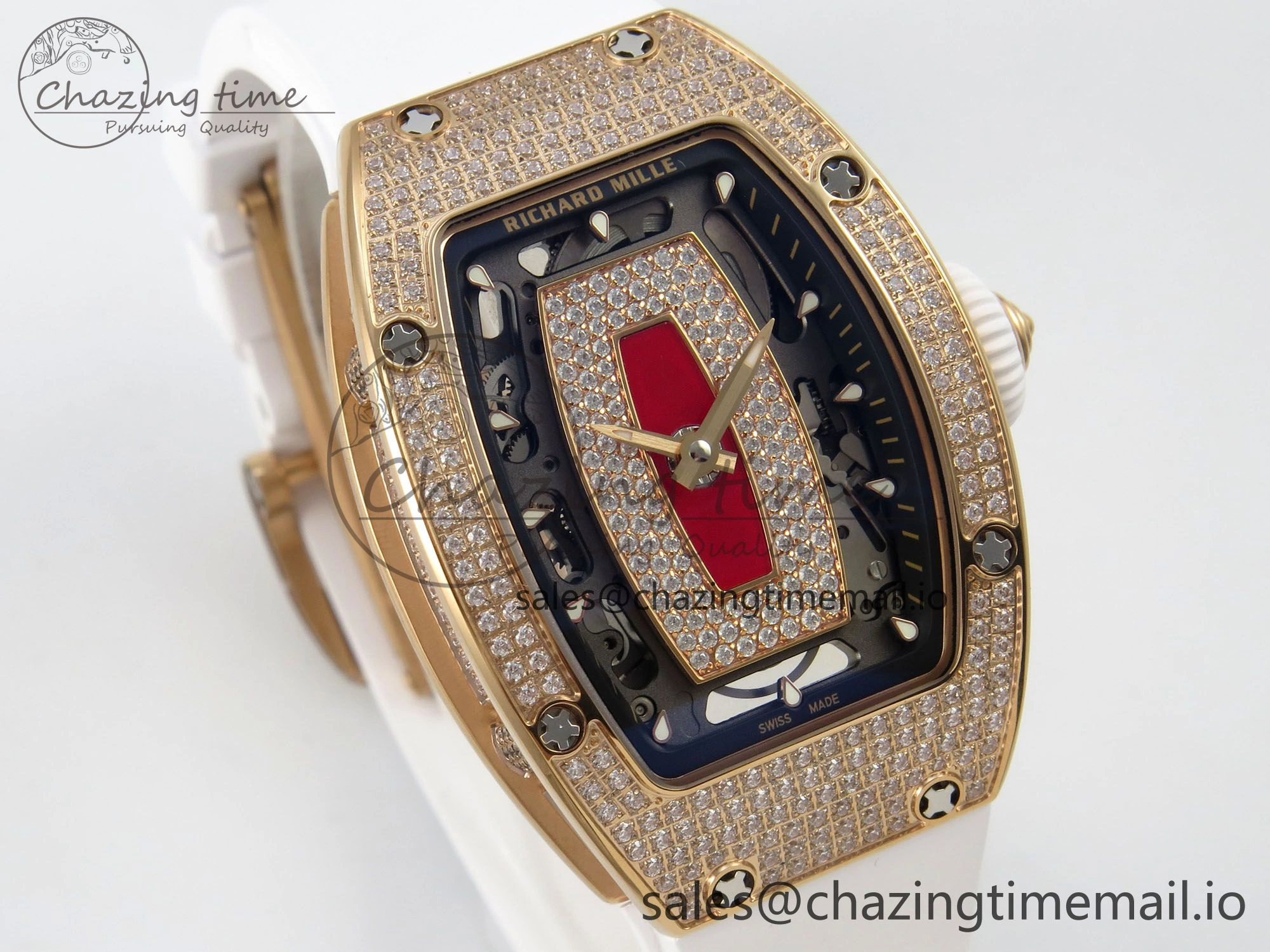 RM07 Ladies Full Diamonds RG ZF 1:1 Best Edition Red Dial on White Rubber Strap CRMA2 Clone