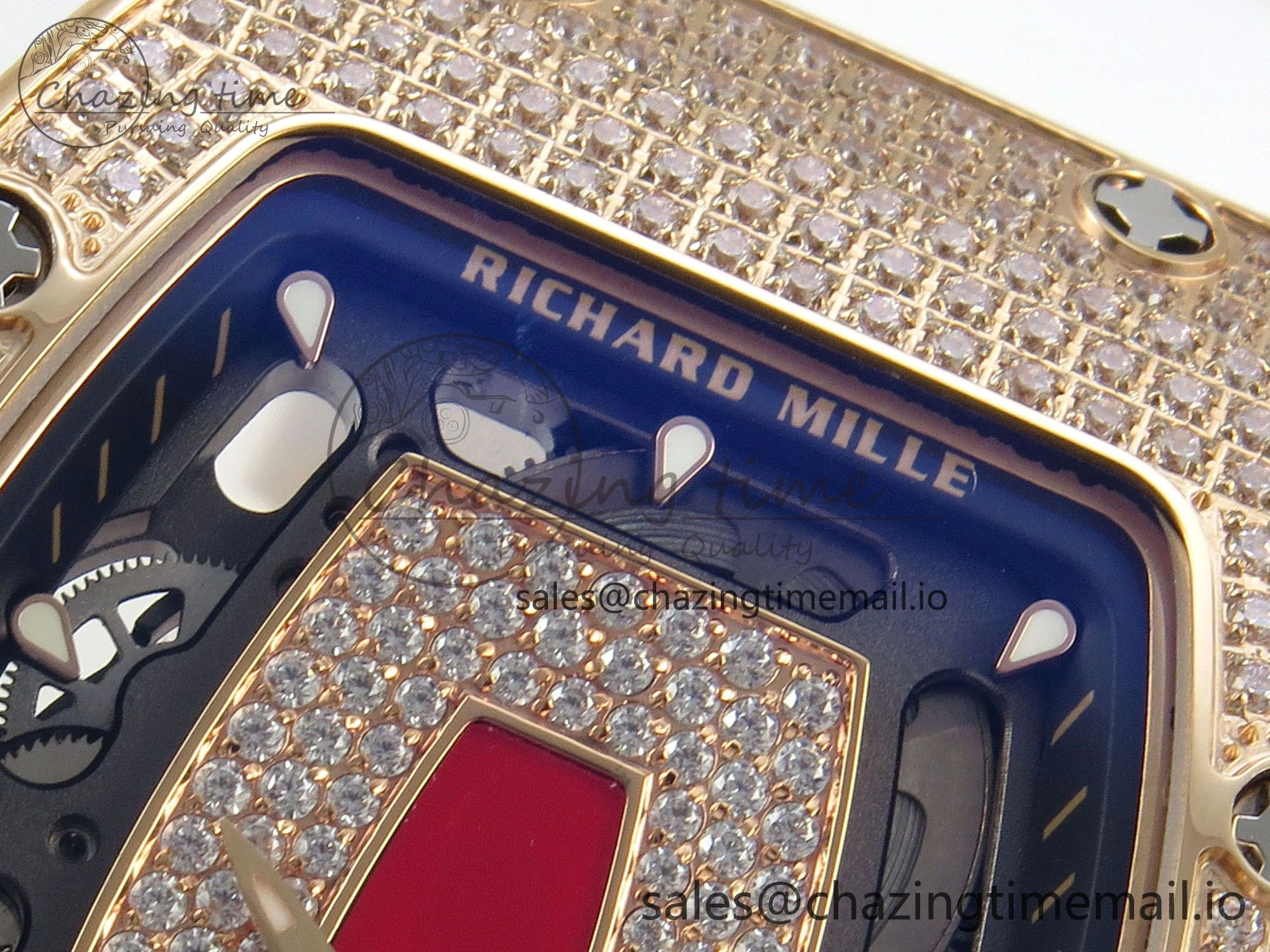 RM07 Ladies Full Diamonds RG ZF 1:1 Best Edition Red Dial on White Rubber Strap CRMA2 Clone