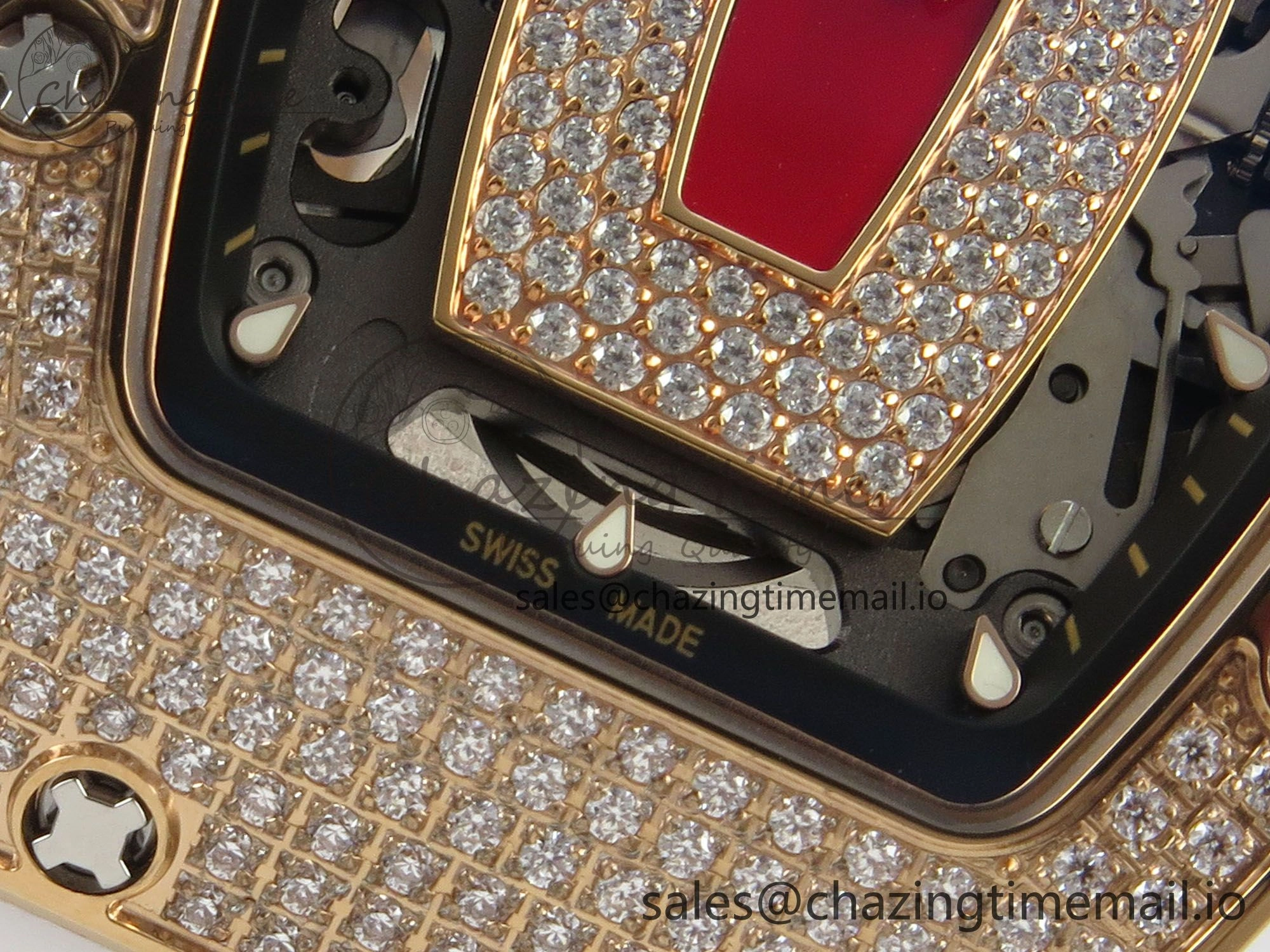 RM07 Ladies Full Diamonds RG ZF 1:1 Best Edition Red Dial on White Rubber Strap CRMA2 Clone