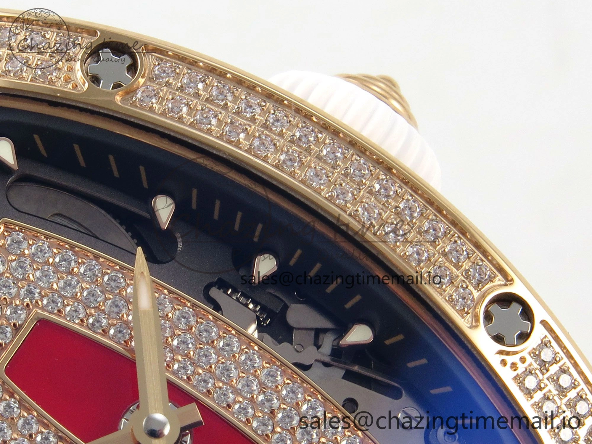 RM07 Ladies Full Diamonds RG ZF 1:1 Best Edition Red Dial on White Rubber Strap CRMA2 Clone