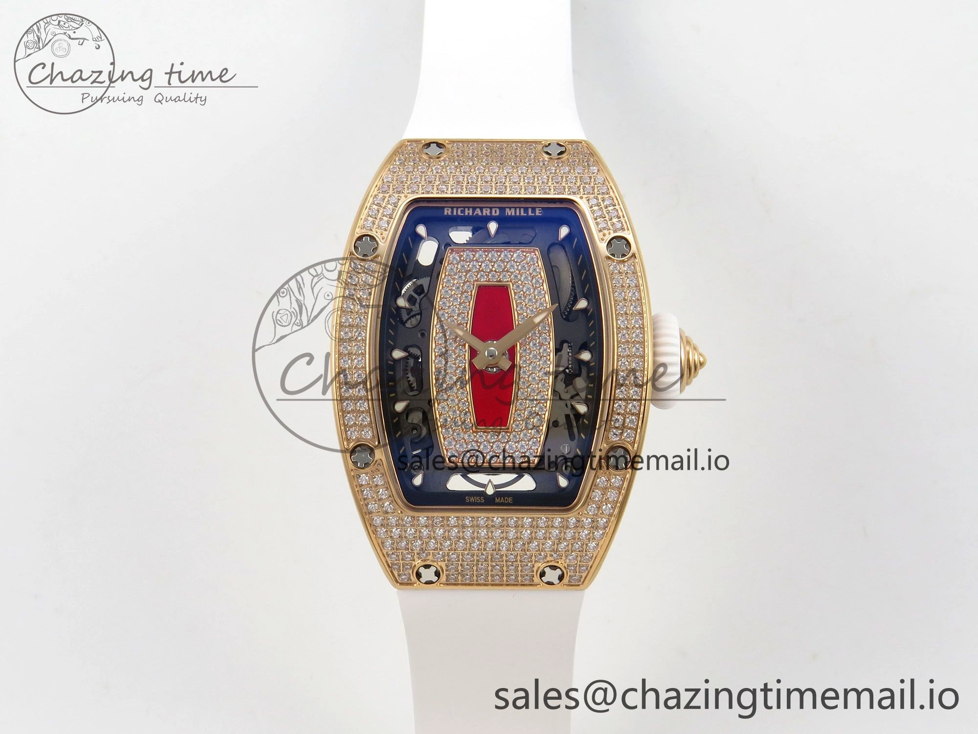 RM07 Ladies Full Diamonds RG ZF 1:1 Best Edition Red Dial on White Rubber Strap CRMA2 Clone
