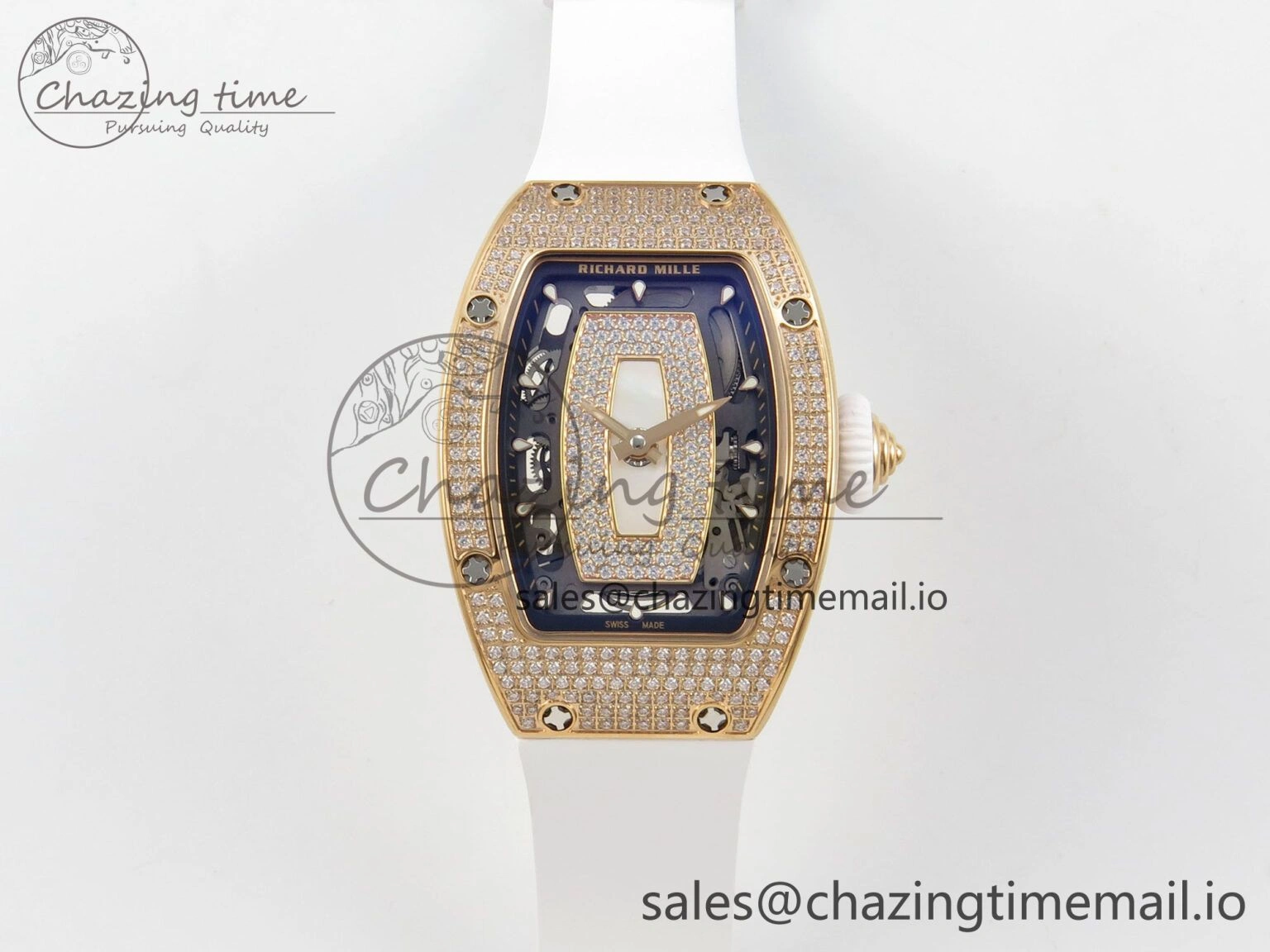RM07 Ladies Full Diamonds RG ZF 1:1 Best Edition White MOP Dial on White Rubber Strap CRMA2 Clone