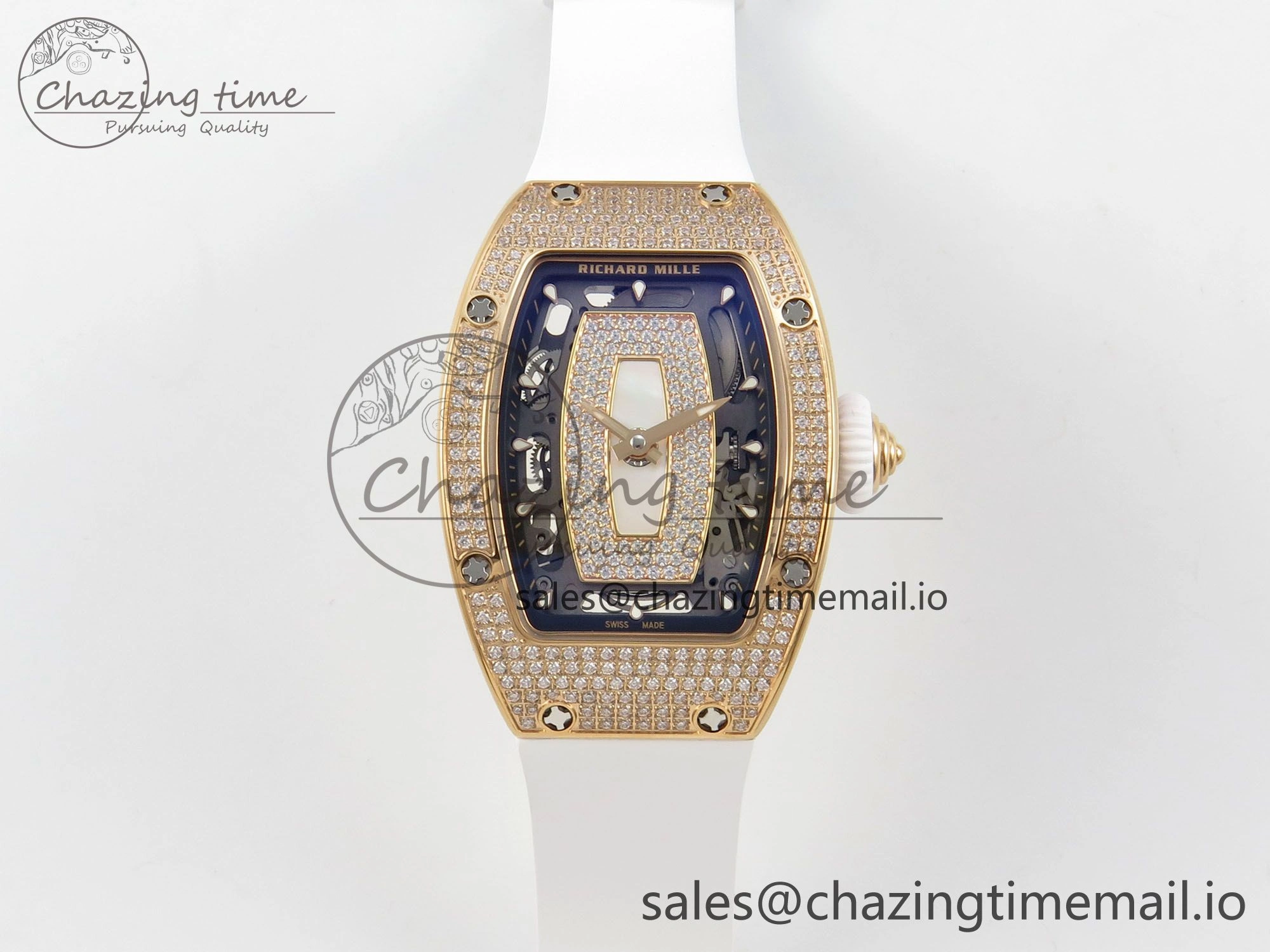 RM07 Ladies Full Diamonds RG ZF 1:1 Best Edition White MOP Dial on White Rubber Strap CRMA2 Clone