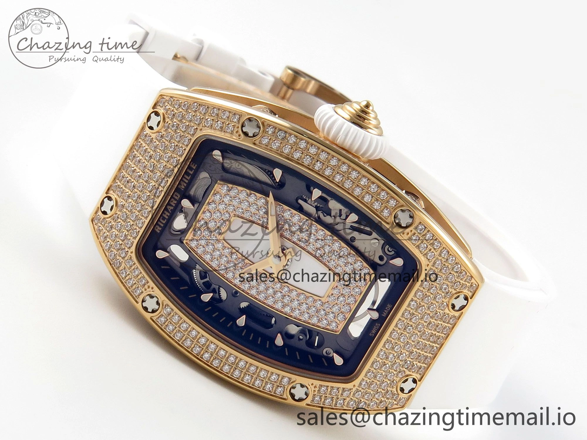 RM07 Ladies Full Diamonds RG ZF 1:1 Best Edition White MOP Dial on White Rubber Strap CRMA2 Clone