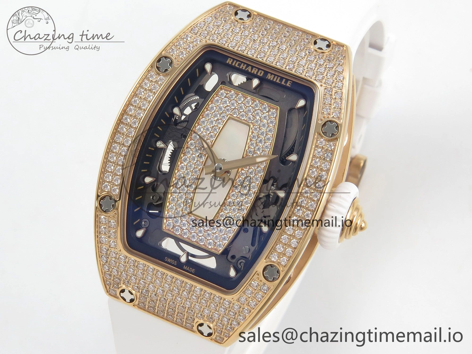 RM07 Ladies Full Diamonds RG ZF 1:1 Best Edition White MOP Dial on White Rubber Strap CRMA2 Clone