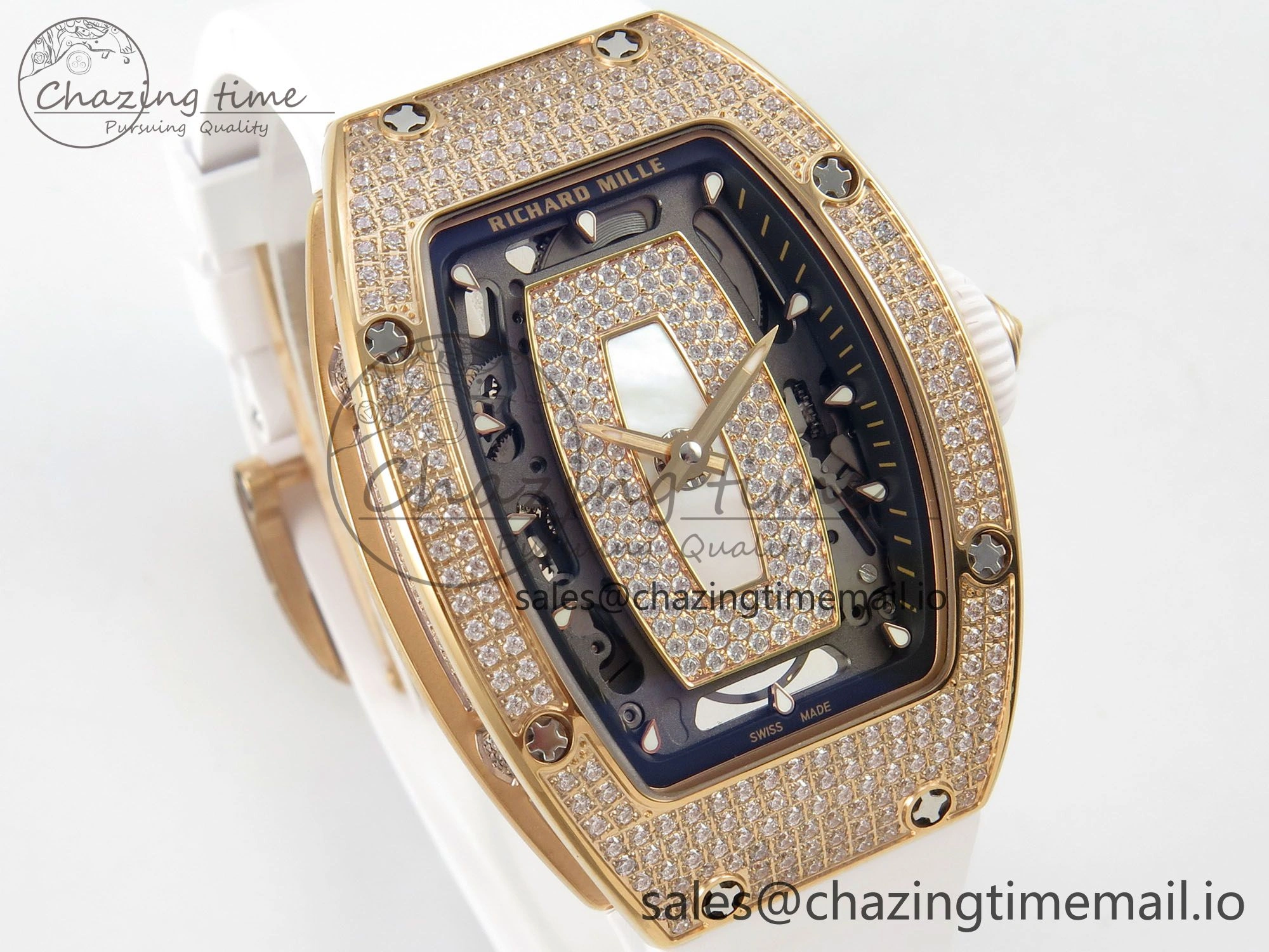 RM07 Ladies Full Diamonds RG ZF 1:1 Best Edition White MOP Dial on White Rubber Strap CRMA2 Clone