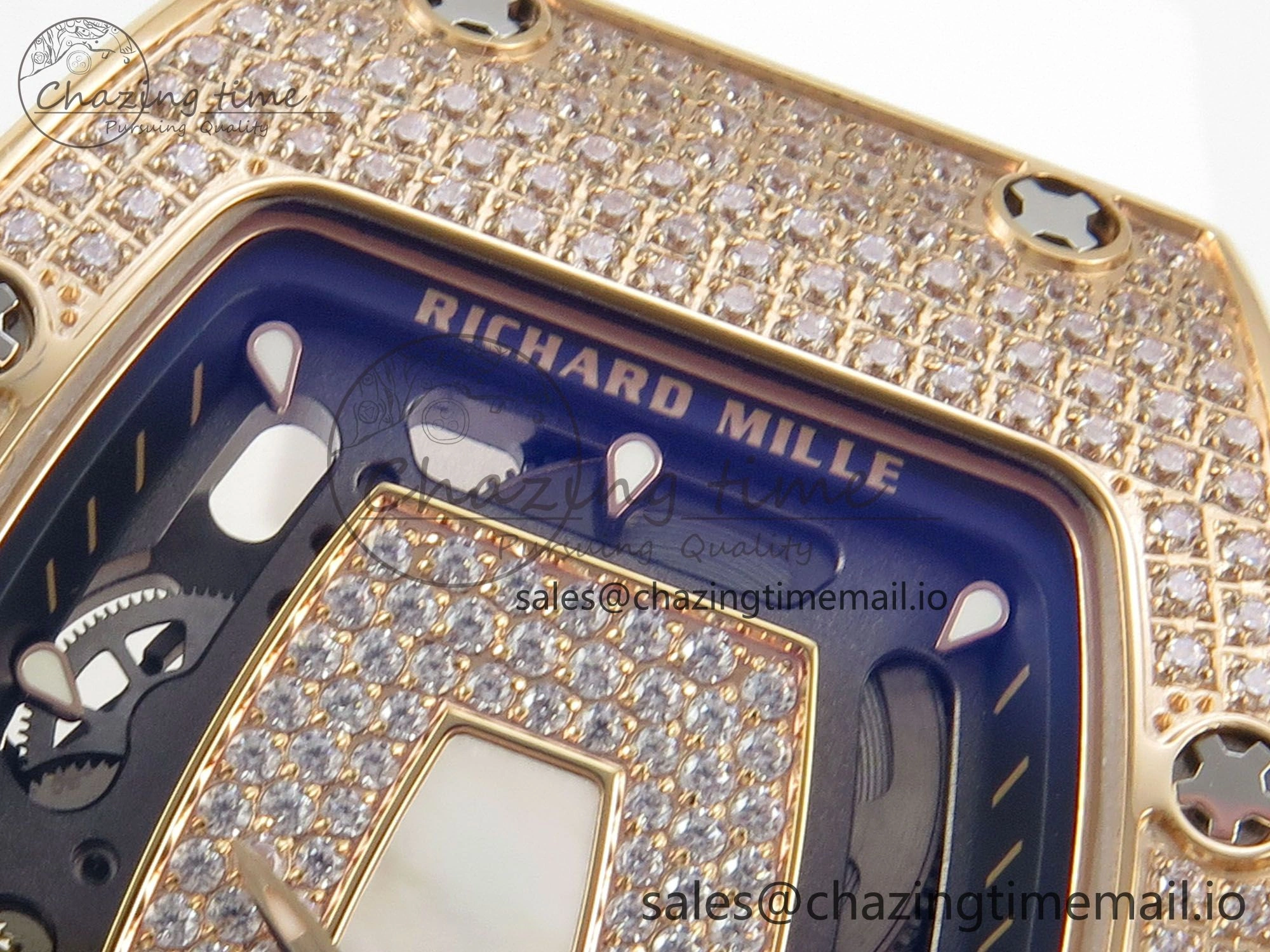 RM07 Ladies Full Diamonds RG ZF 1:1 Best Edition White MOP Dial on White Rubber Strap CRMA2 Clone