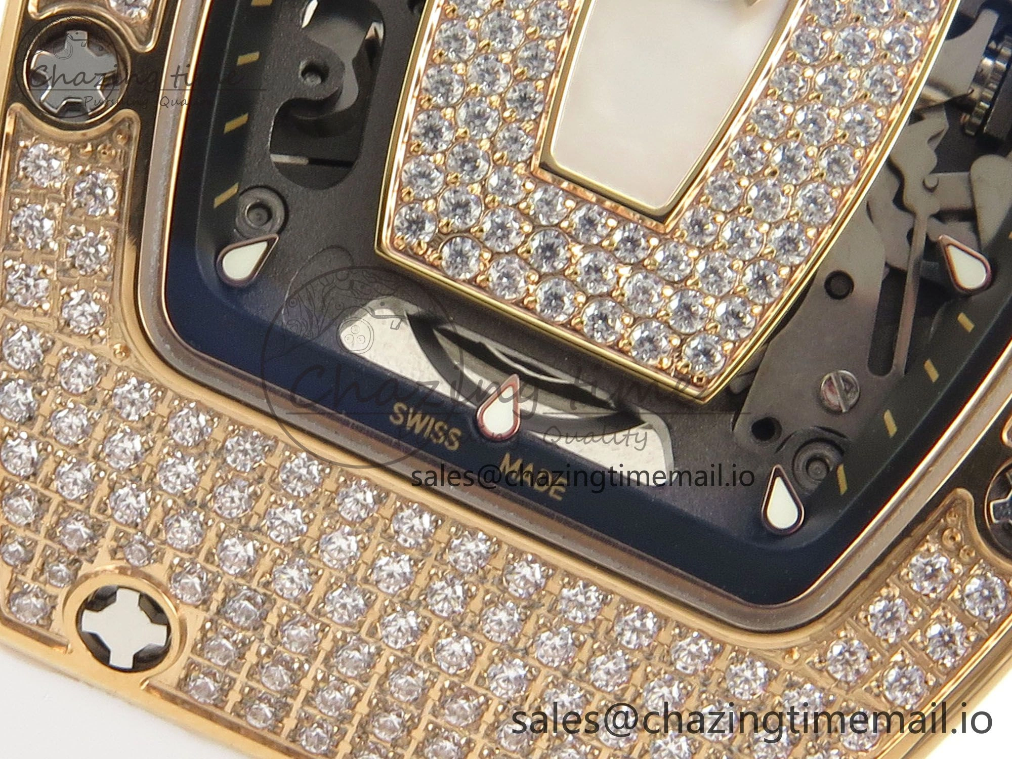 RM07 Ladies Full Diamonds RG ZF 1:1 Best Edition White MOP Dial on White Rubber Strap CRMA2 Clone