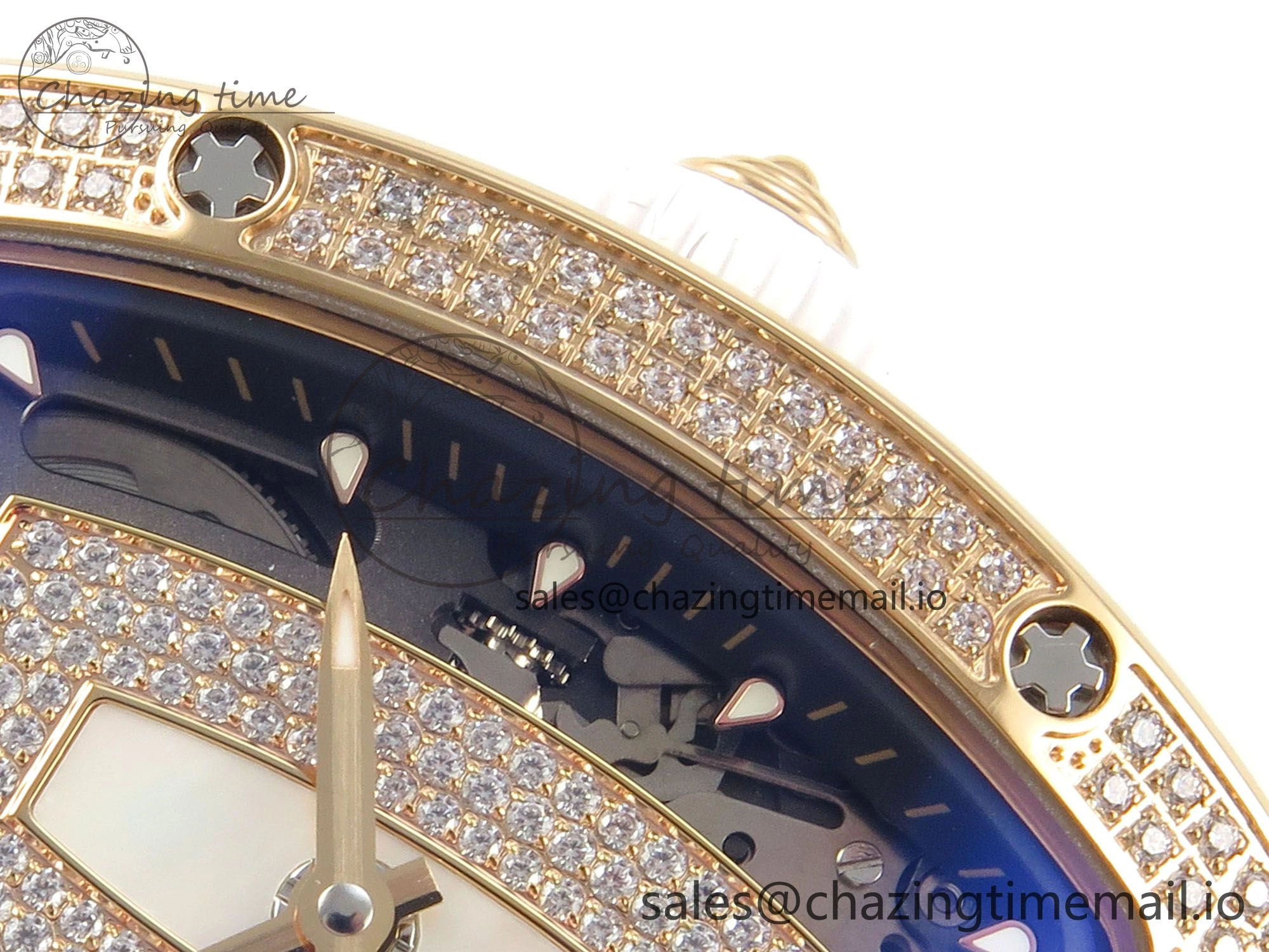 RM07 Ladies Full Diamonds RG ZF 1:1 Best Edition White MOP Dial on White Rubber Strap CRMA2 Clone