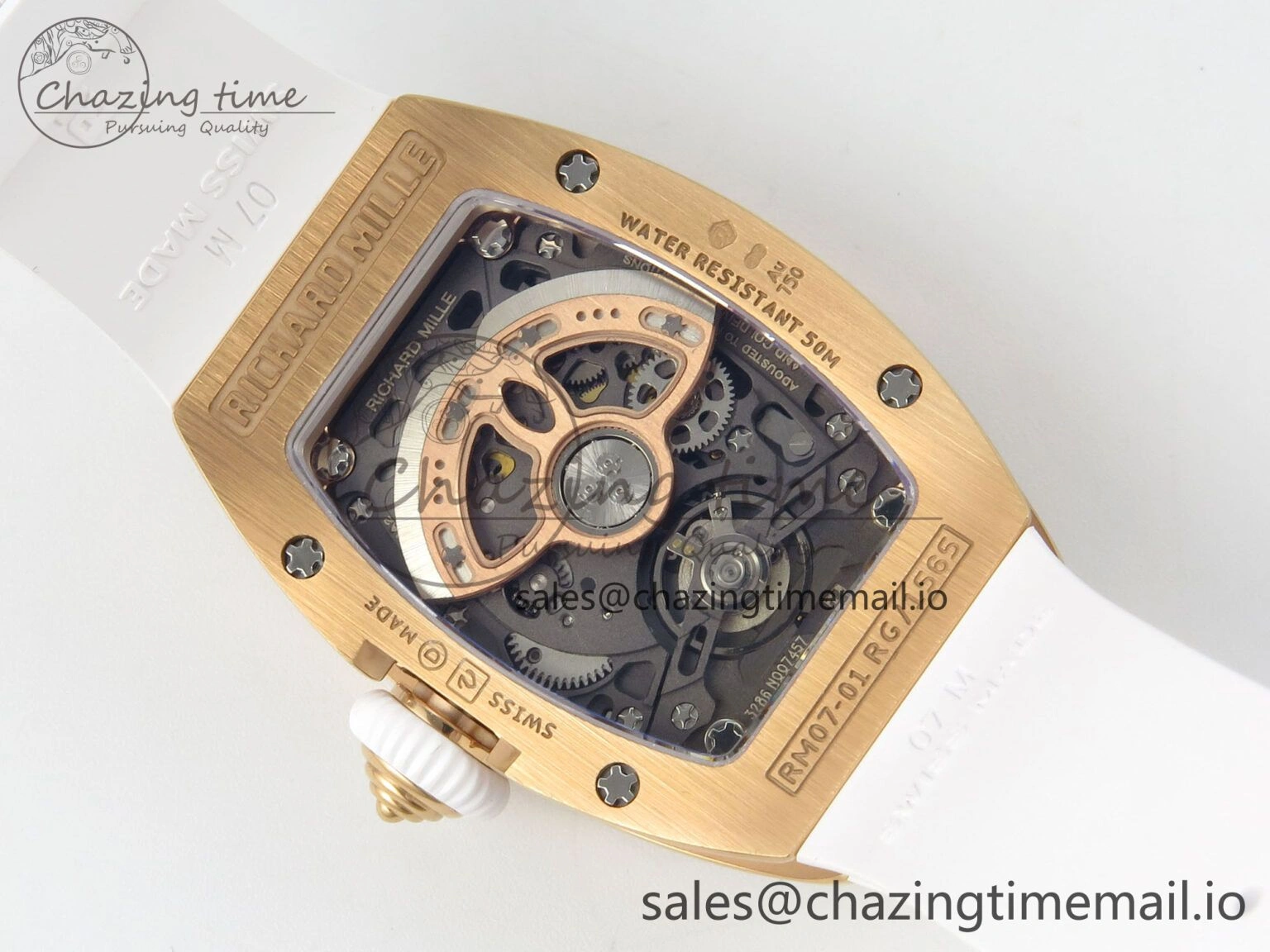 RM07 Ladies Full Diamonds RG ZF 1:1 Best Edition White MOP Dial on White Rubber Strap CRMA2 Clone