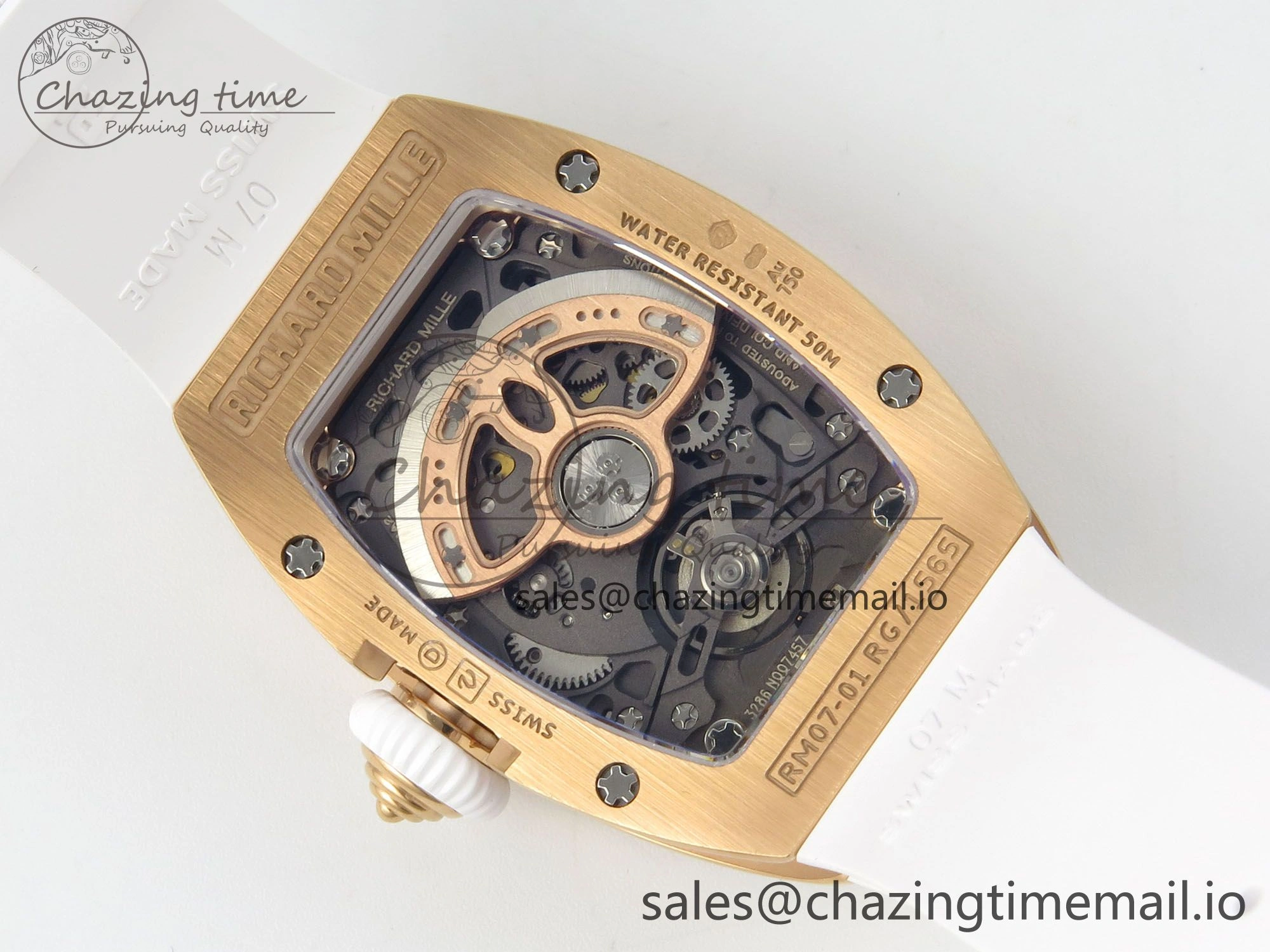 RM07 Ladies Full Diamonds RG ZF 1:1 Best Edition White MOP Dial on White Rubber Strap CRMA2 Clone