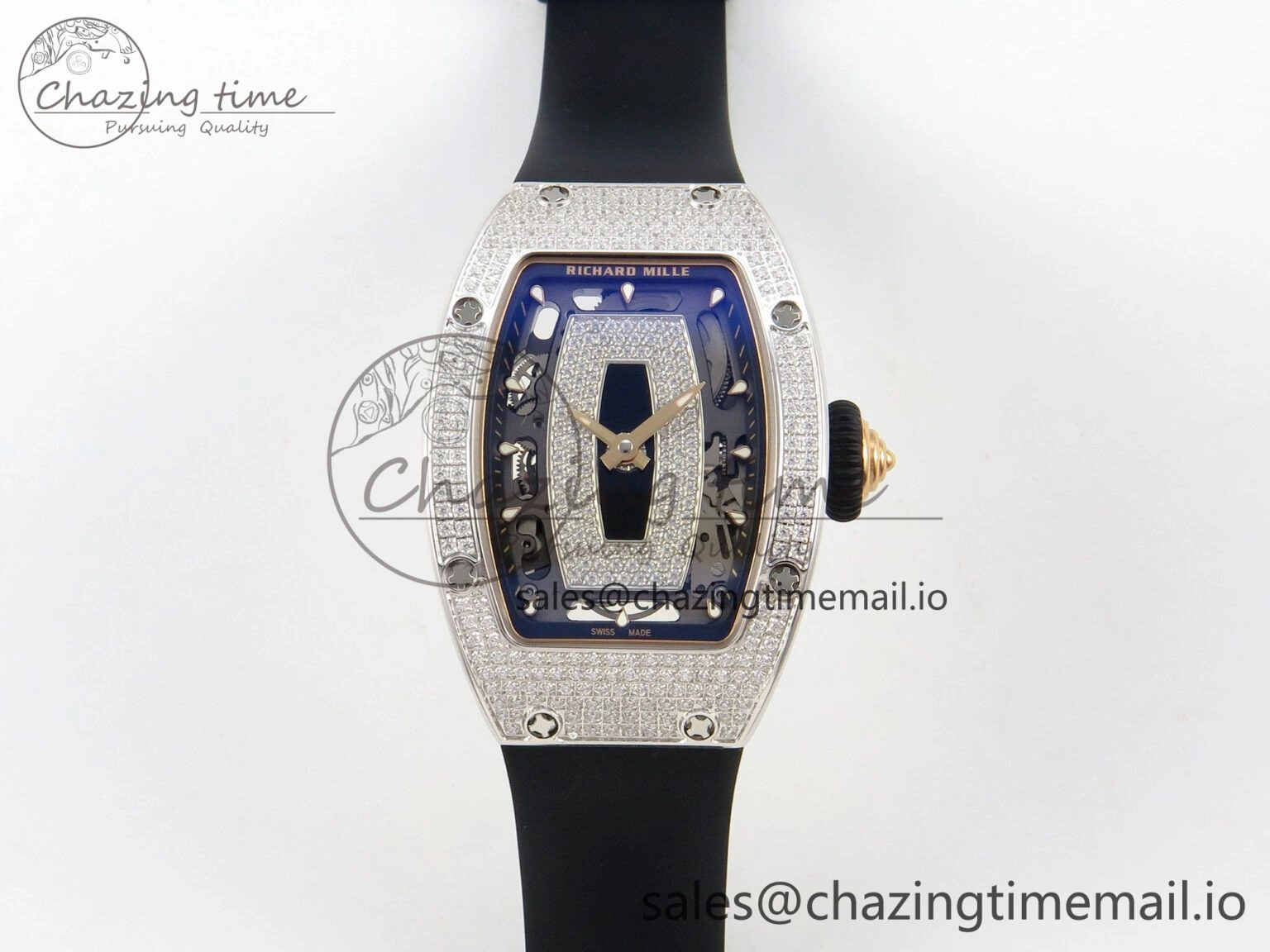 RM07 Ladies Full Diamonds SS ZF 1:1 Best Edition Black Dial on Black Rubber Strap CRMA2 Clone