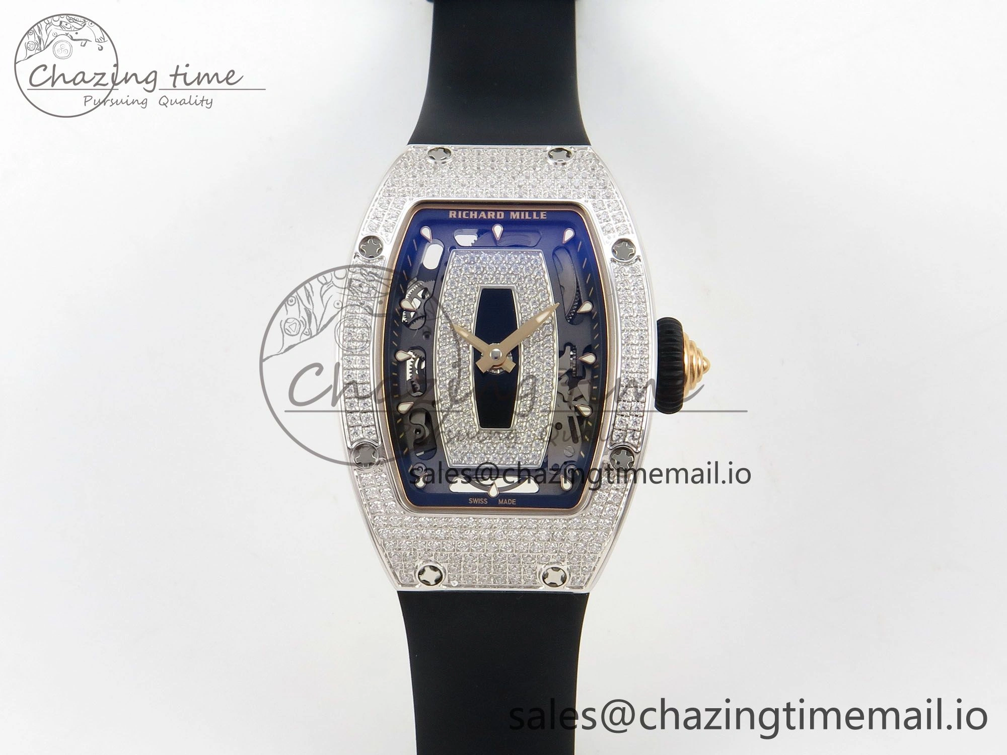 RM07 Ladies Full Diamonds SS ZF 1:1 Best Edition Black Dial on Black Rubber Strap CRMA2 Clone