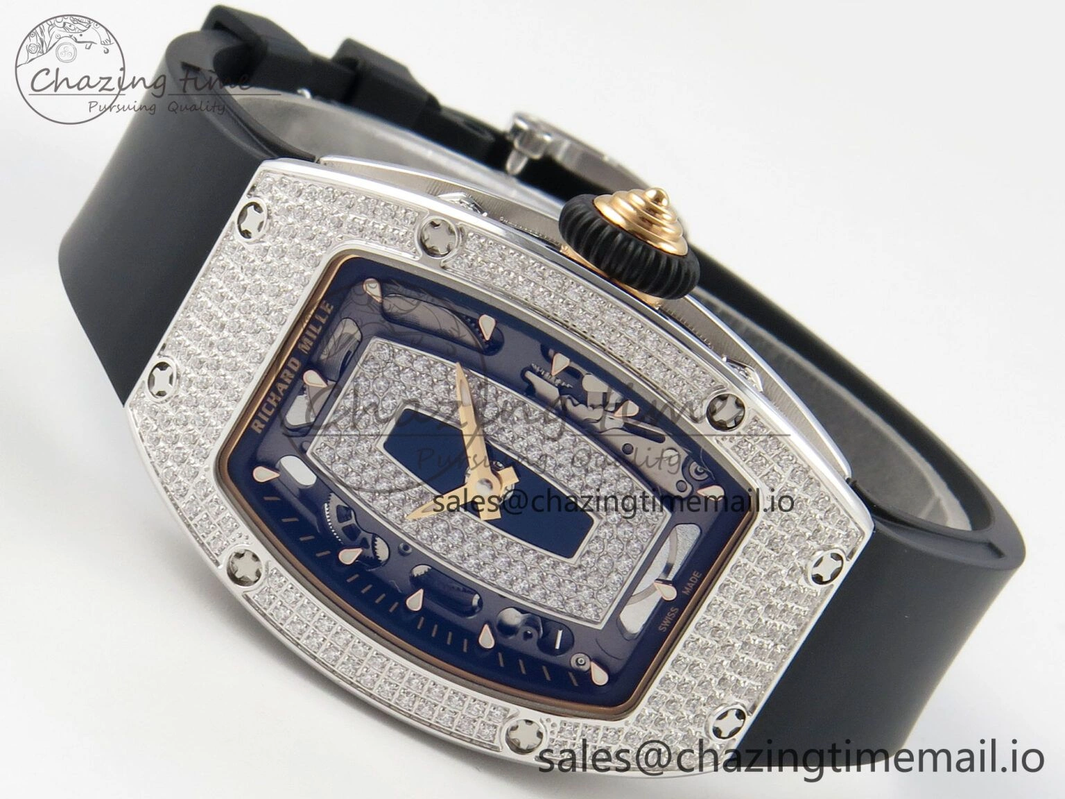 RM07 Ladies Full Diamonds SS ZF 1:1 Best Edition Black Dial on Black Rubber Strap CRMA2 Clone