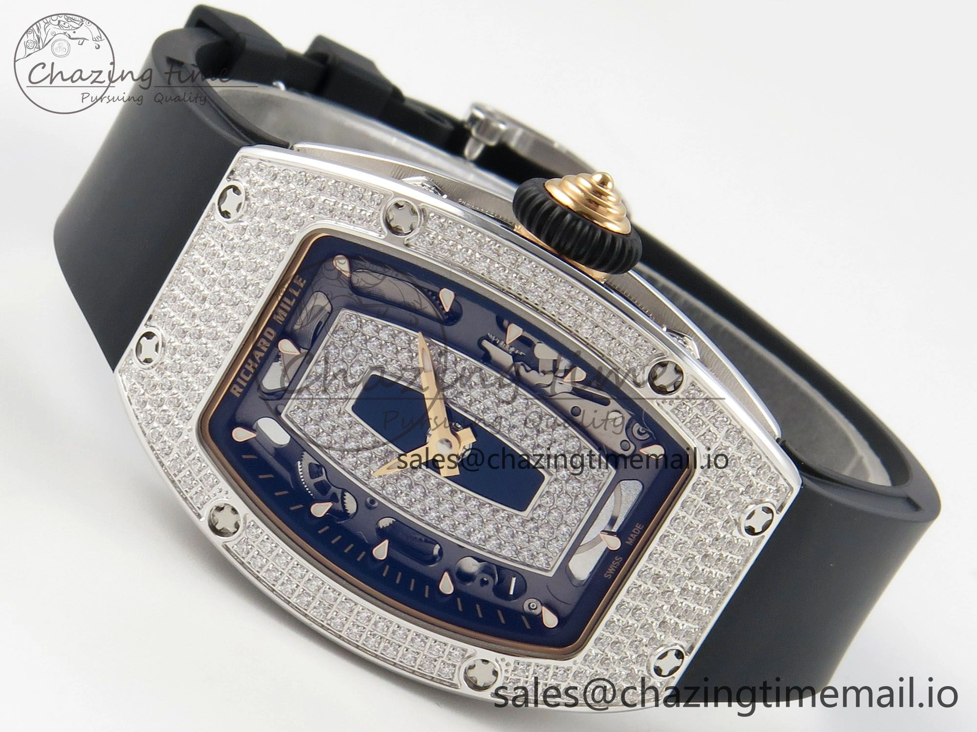 RM07 Ladies Full Diamonds SS ZF 1:1 Best Edition Black Dial on Black Rubber Strap CRMA2 Clone