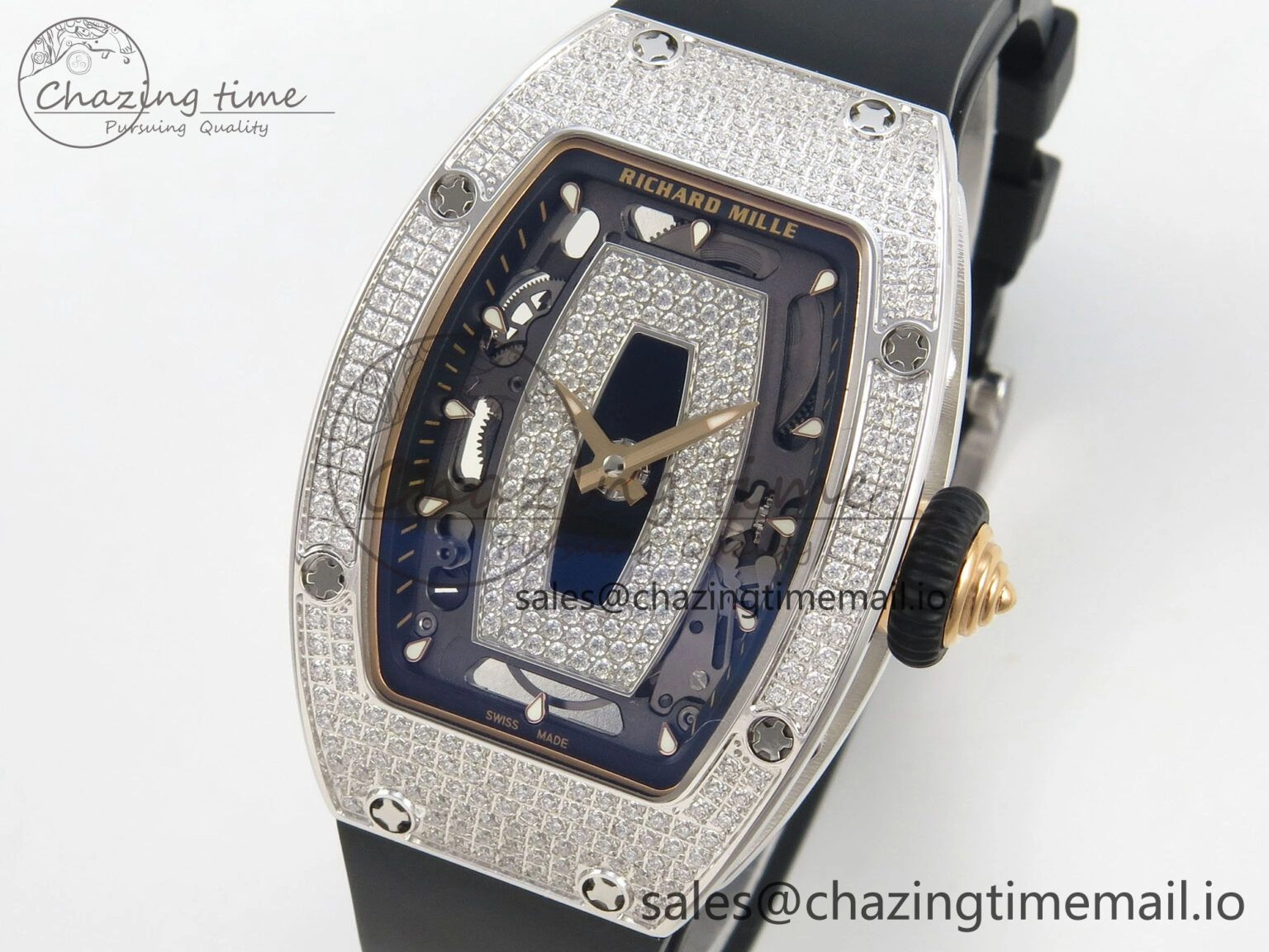 RM07 Ladies Full Diamonds SS ZF 1:1 Best Edition Black Dial on Black Rubber Strap CRMA2 Clone