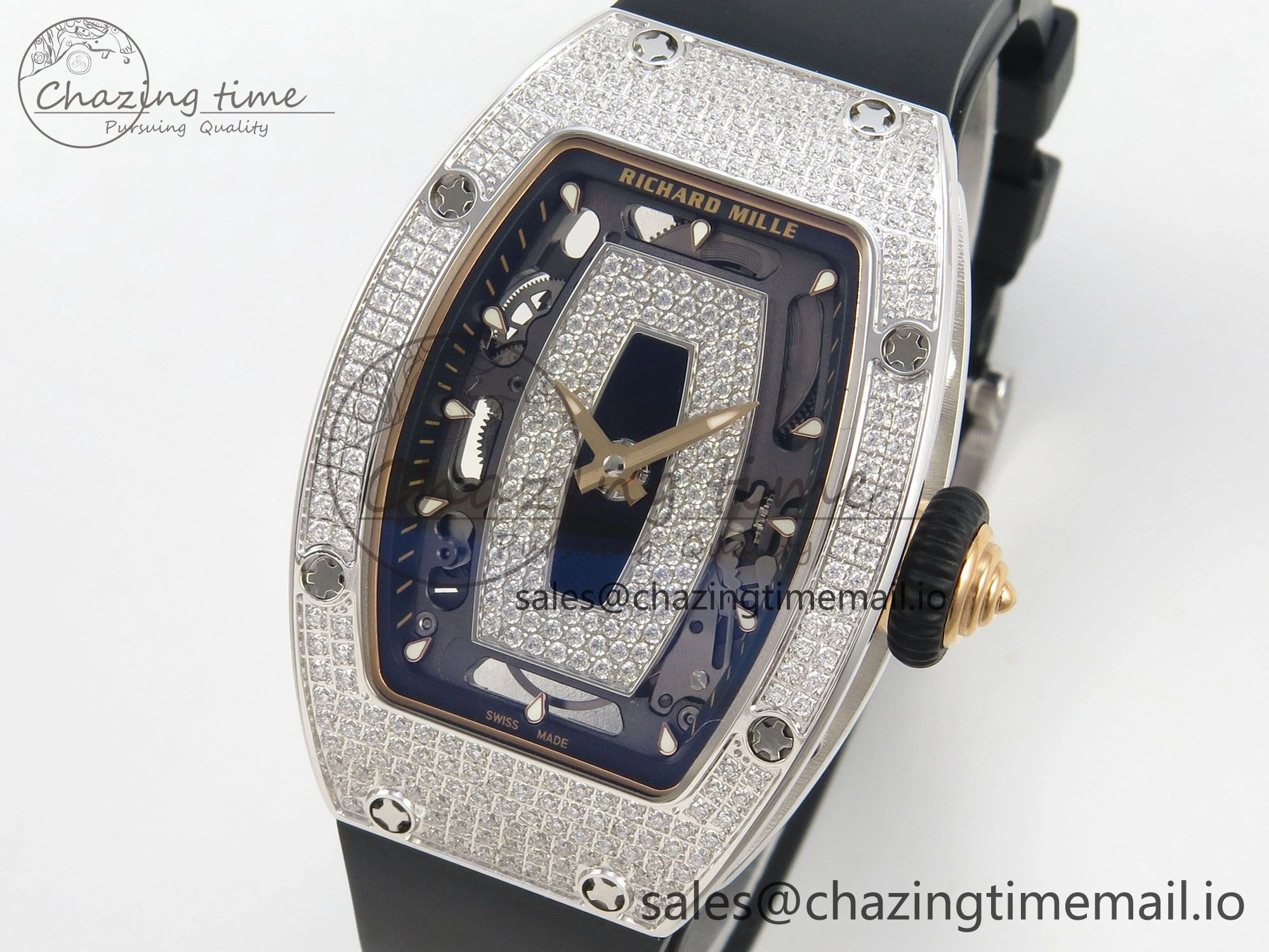 RM07 Ladies Full Diamonds SS ZF 1:1 Best Edition Black Dial on Black Rubber Strap CRMA2 Clone