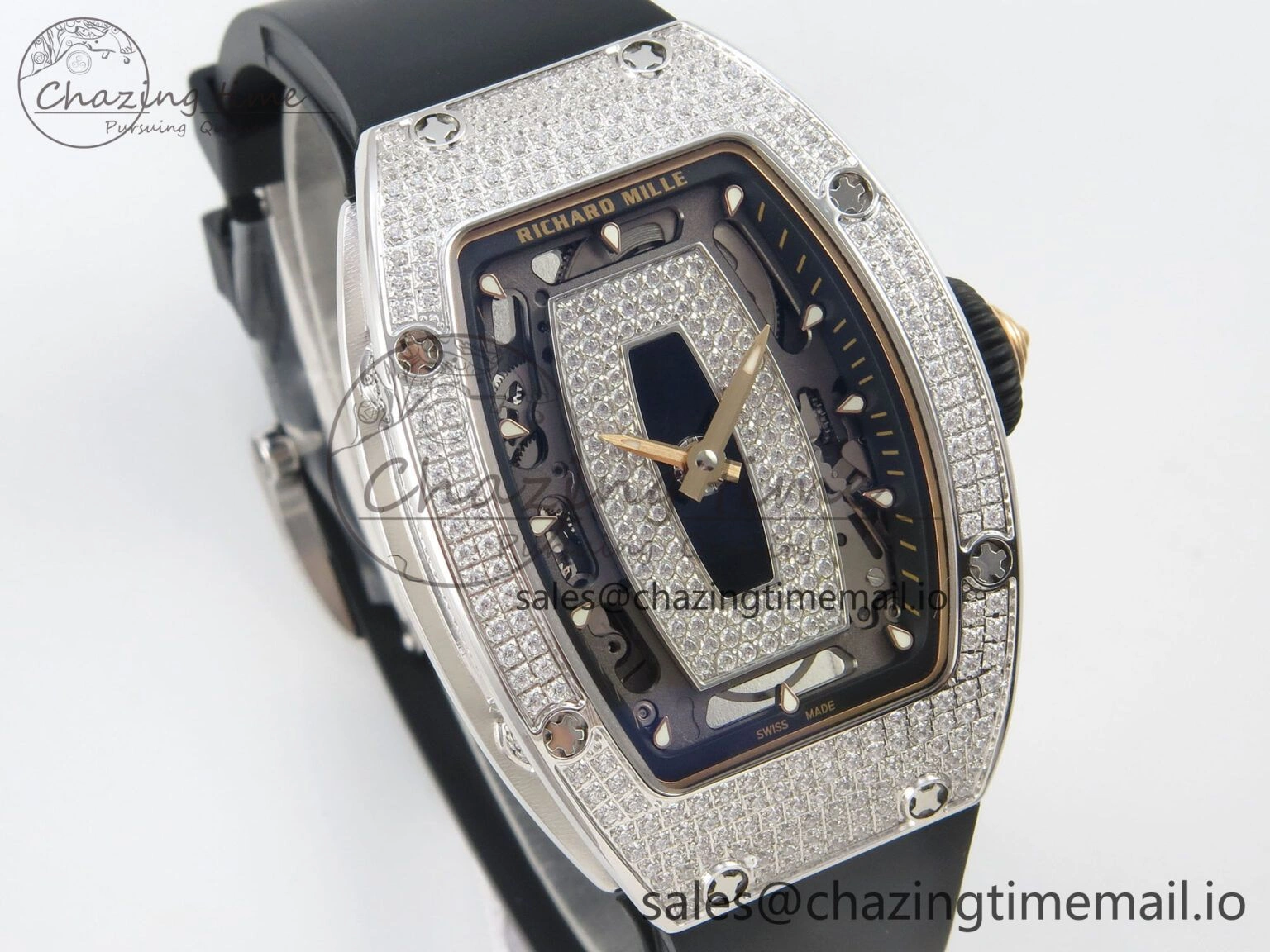 RM07 Ladies Full Diamonds SS ZF 1:1 Best Edition Black Dial on Black Rubber Strap CRMA2 Clone
