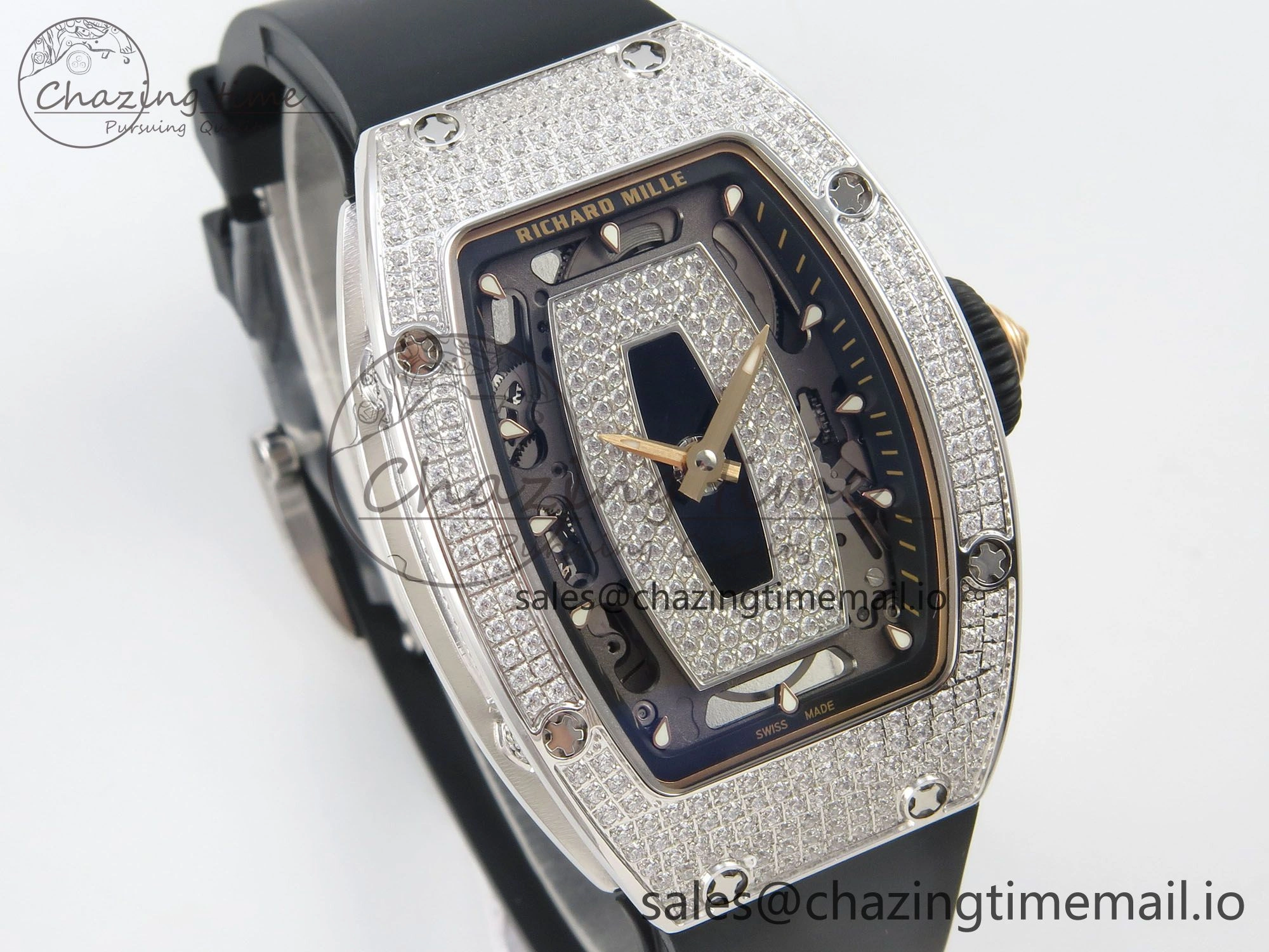 RM07 Ladies Full Diamonds SS ZF 1:1 Best Edition Black Dial on Black Rubber Strap CRMA2 Clone