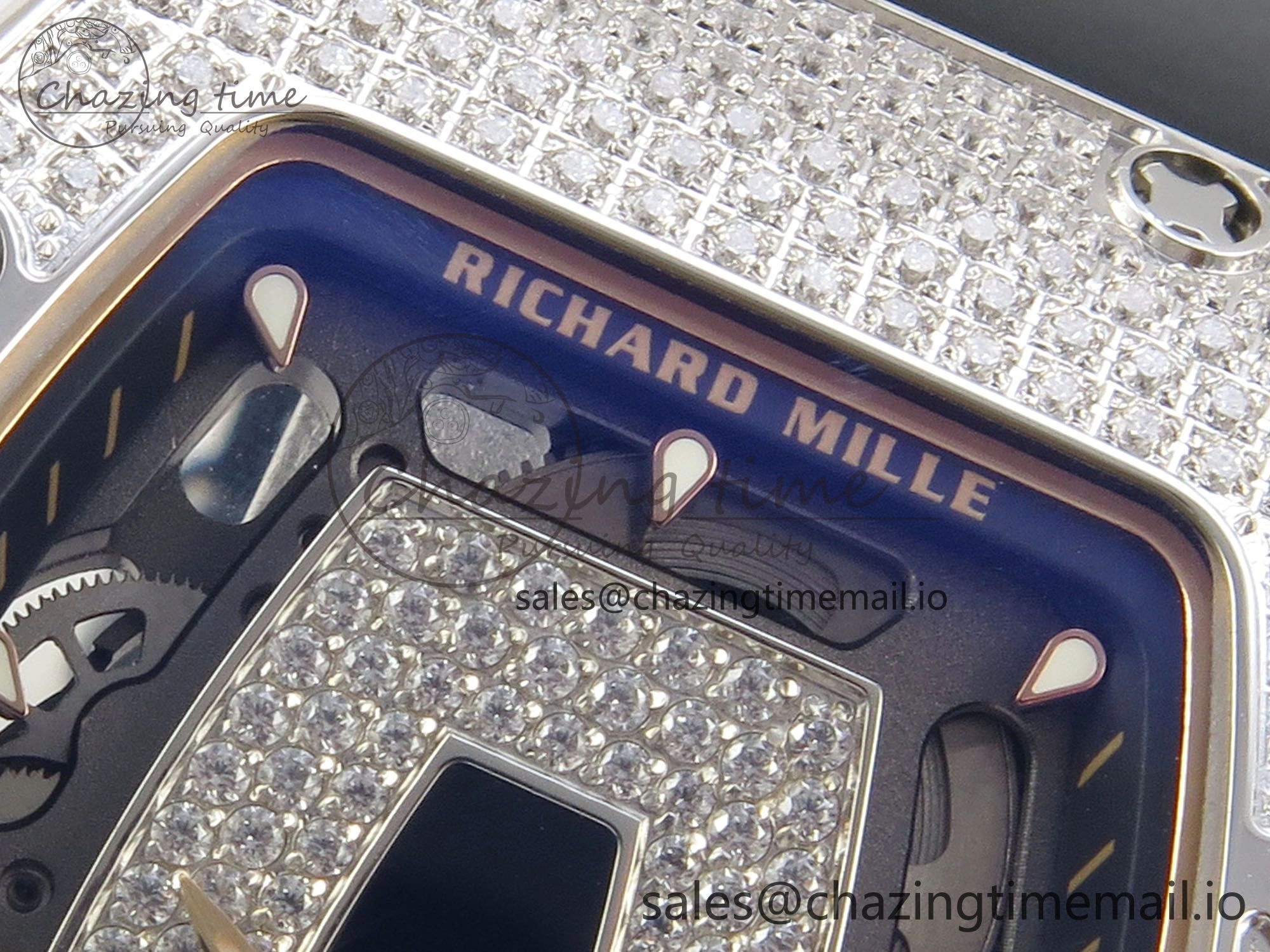 RM07 Ladies Full Diamonds SS ZF 1:1 Best Edition Black Dial on Black Rubber Strap CRMA2 Clone