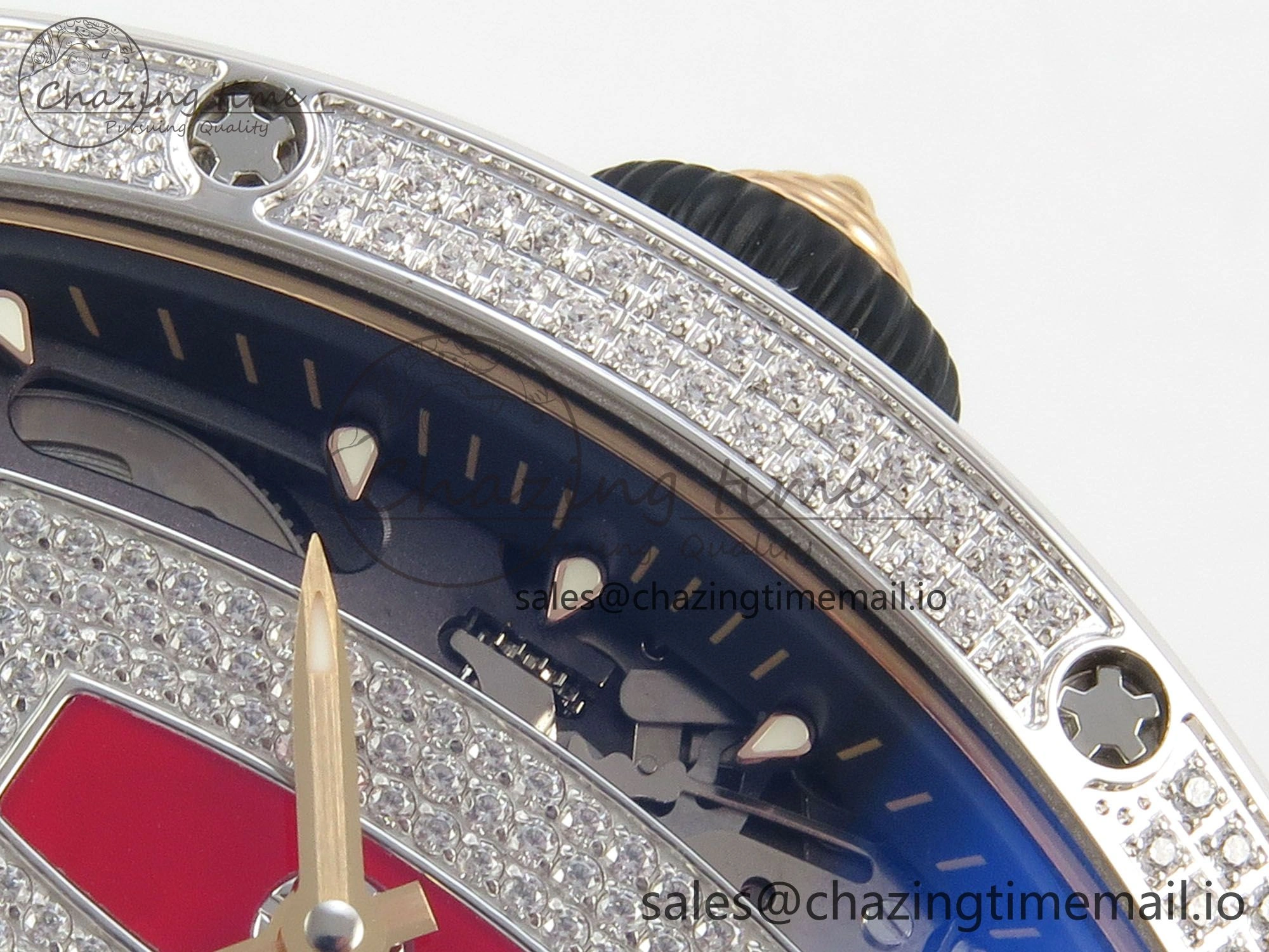 RM07 Ladies Full Diamonds SS ZF 1:1 Best Edition Red Dial on Black Rubber Strap CRMA2 Clone