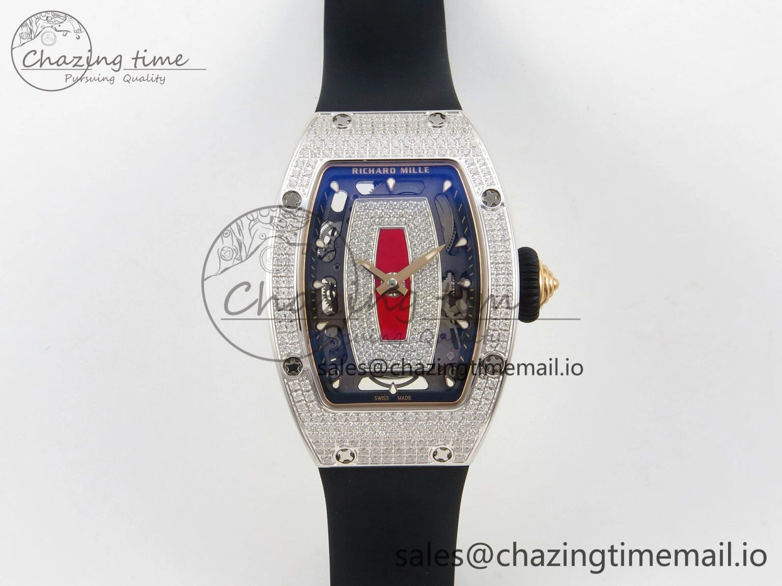 RM07 Ladies Full Diamonds SS ZF 1:1 Best Edition Red Dial on Black Rubber Strap CRMA2 Clone