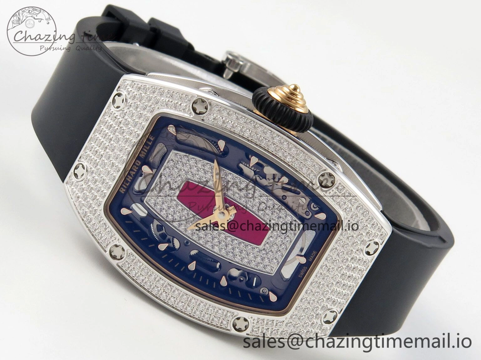 RM07 Ladies Full Diamonds SS ZF 1:1 Best Edition Red Dial on Black Rubber Strap CRMA2 Clone