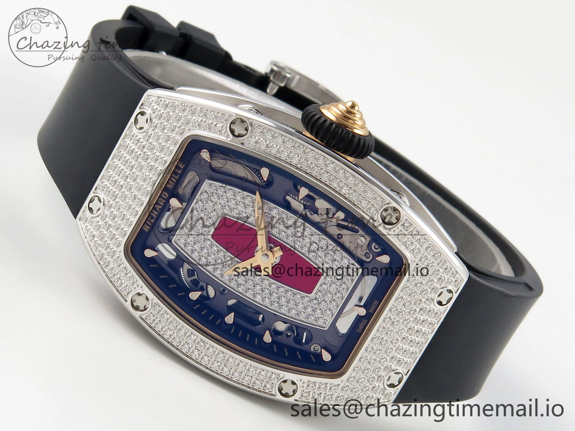 RM07 Ladies Full Diamonds SS ZF 1:1 Best Edition Red Dial on Black Rubber Strap CRMA2 Clone