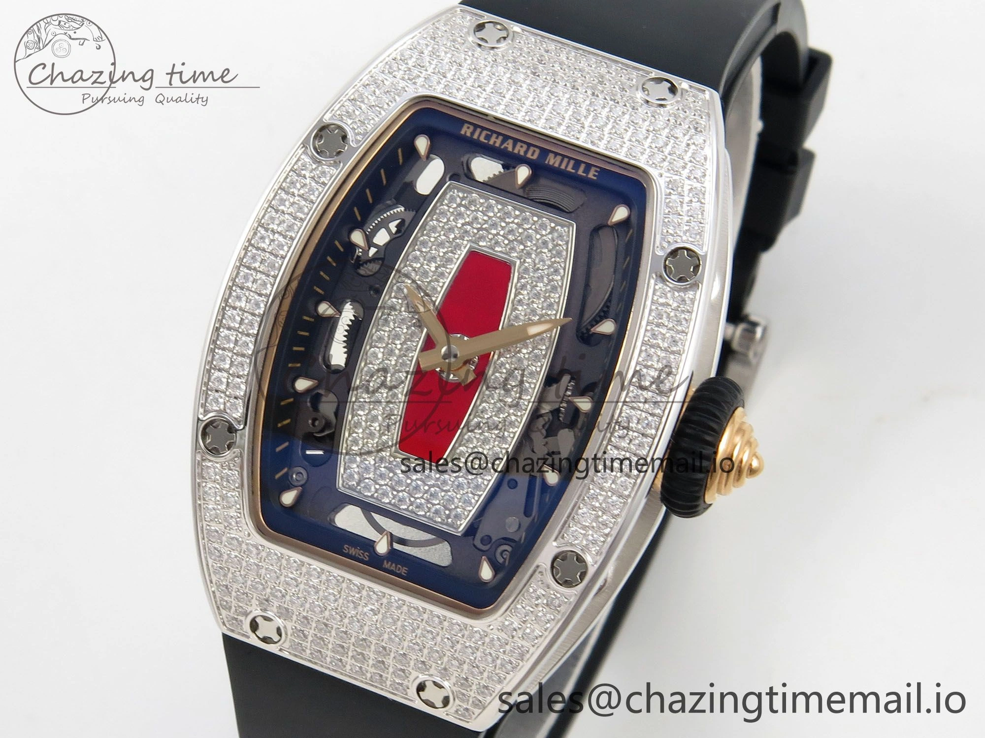 RM07 Ladies Full Diamonds SS ZF 1:1 Best Edition Red Dial on Black Rubber Strap CRMA2 Clone