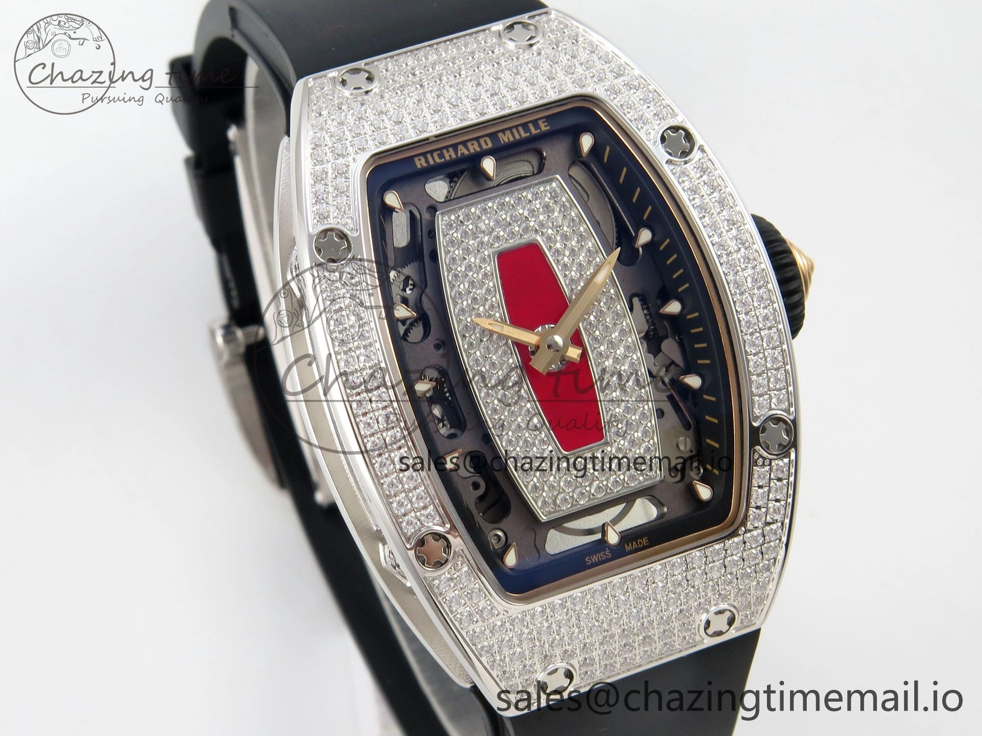 RM07 Ladies Full Diamonds SS ZF 1:1 Best Edition Red Dial on Black Rubber Strap CRMA2 Clone