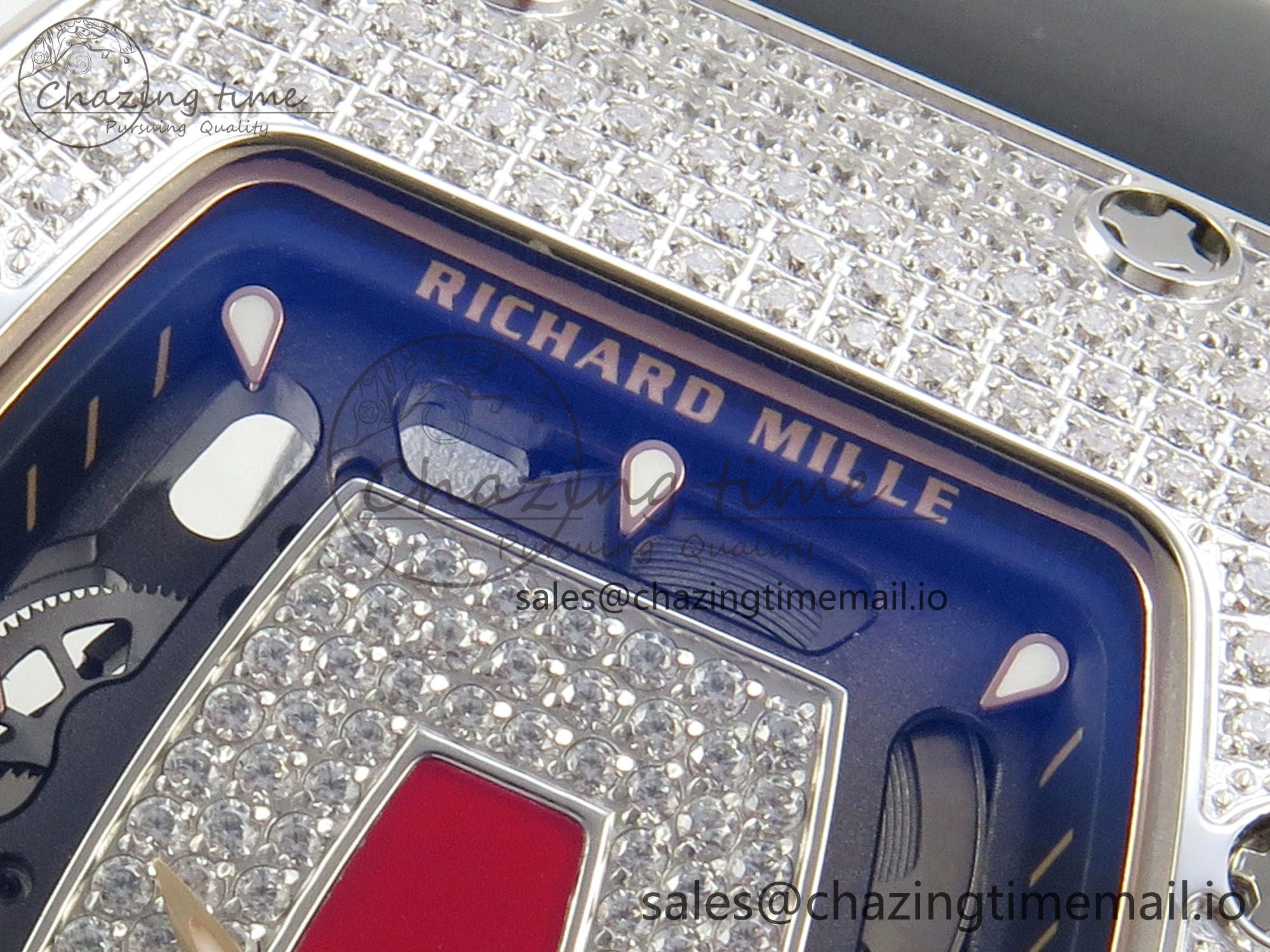 RM07 Ladies Full Diamonds SS ZF 1:1 Best Edition Red Dial on Black Rubber Strap CRMA2 Clone