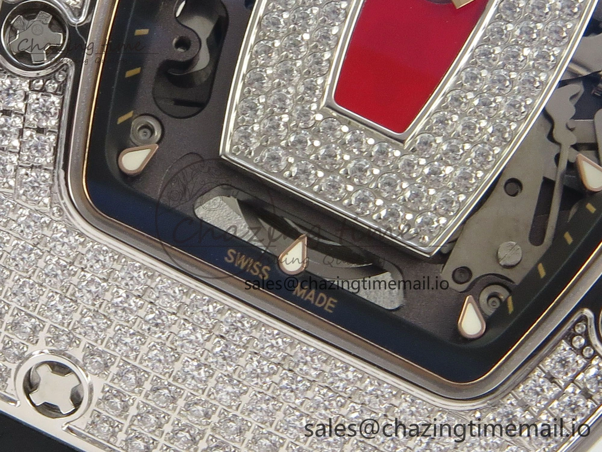 RM07 Ladies Full Diamonds SS ZF 1:1 Best Edition Red Dial on Black Rubber Strap CRMA2 Clone