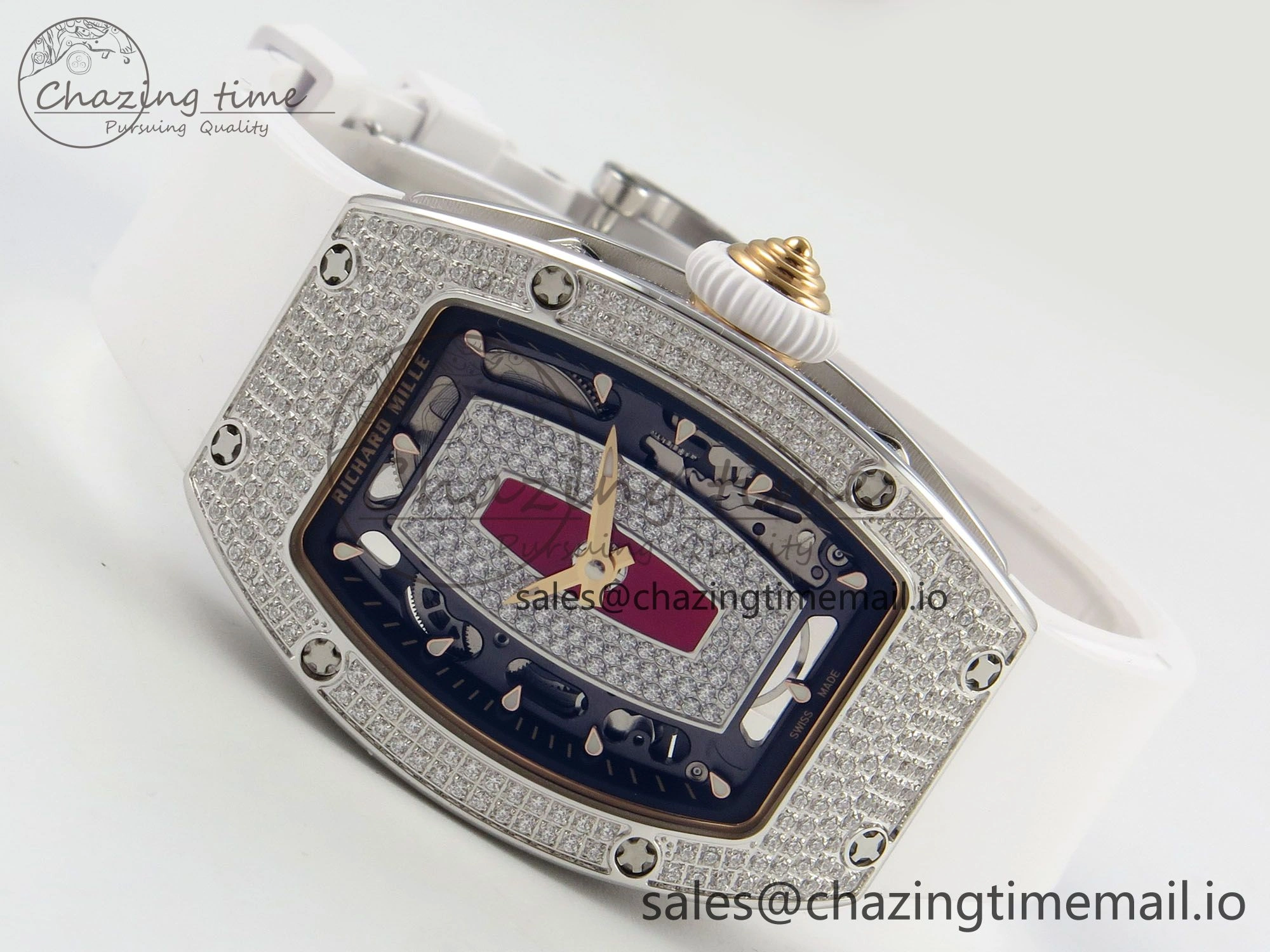 RM07 Ladies Full Diamonds SS ZF 1:1 Best Edition Red Dial on White Rubber Strap CRMA2 Clone