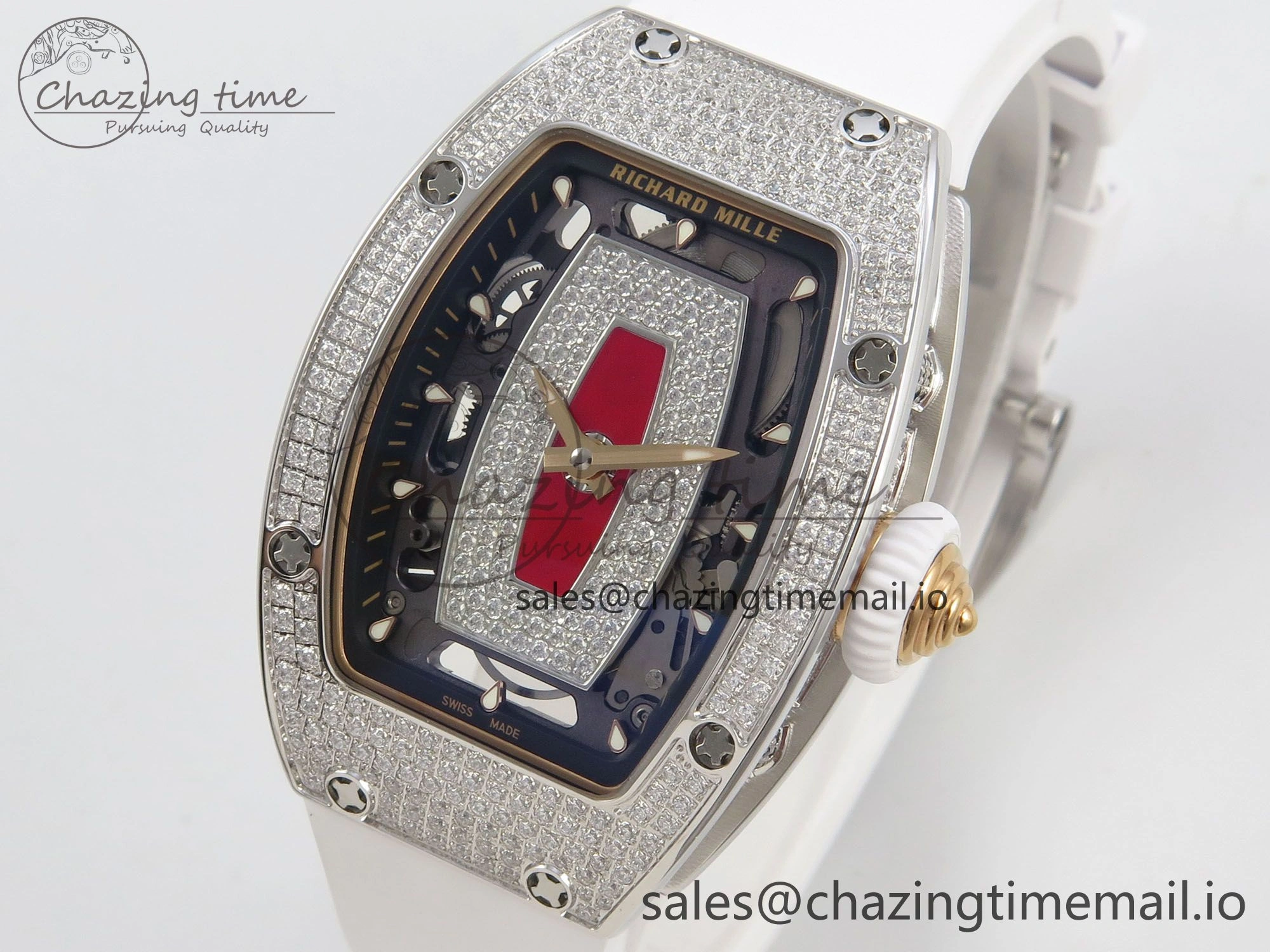 RM07 Ladies Full Diamonds SS ZF 1:1 Best Edition Red Dial on White Rubber Strap CRMA2 Clone