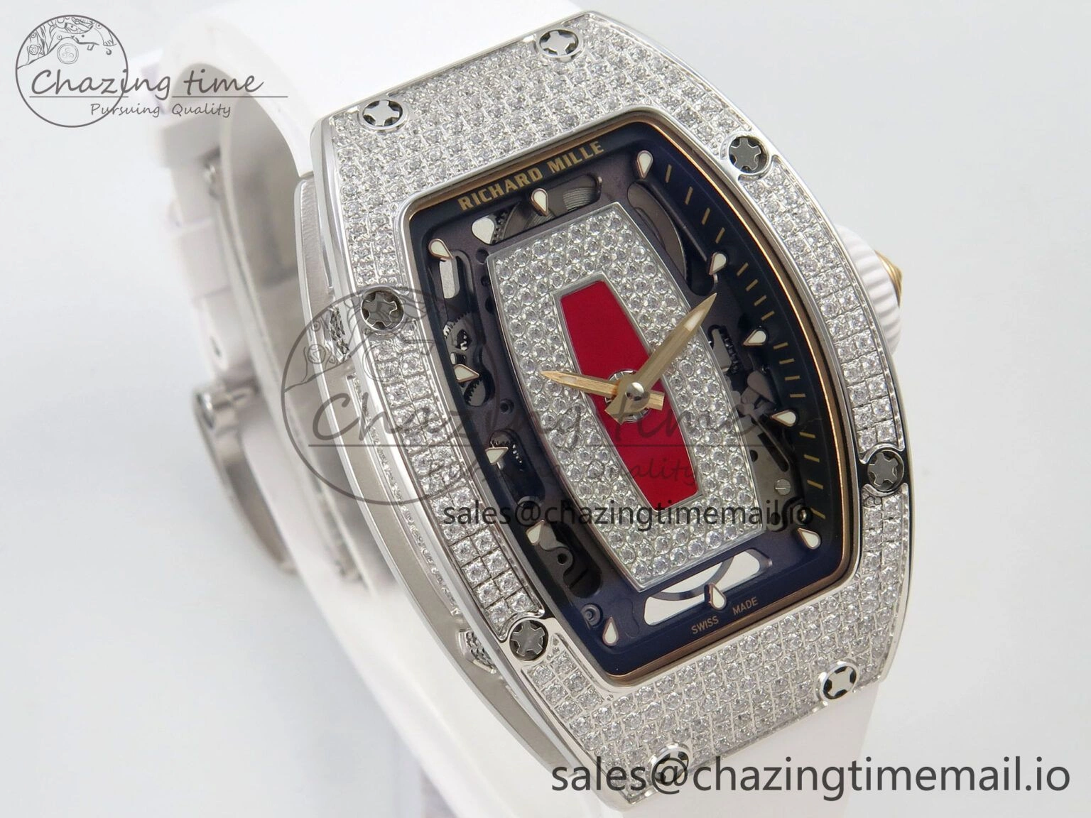 RM07 Ladies Full Diamonds SS ZF 1:1 Best Edition Red Dial on White Rubber Strap CRMA2 Clone